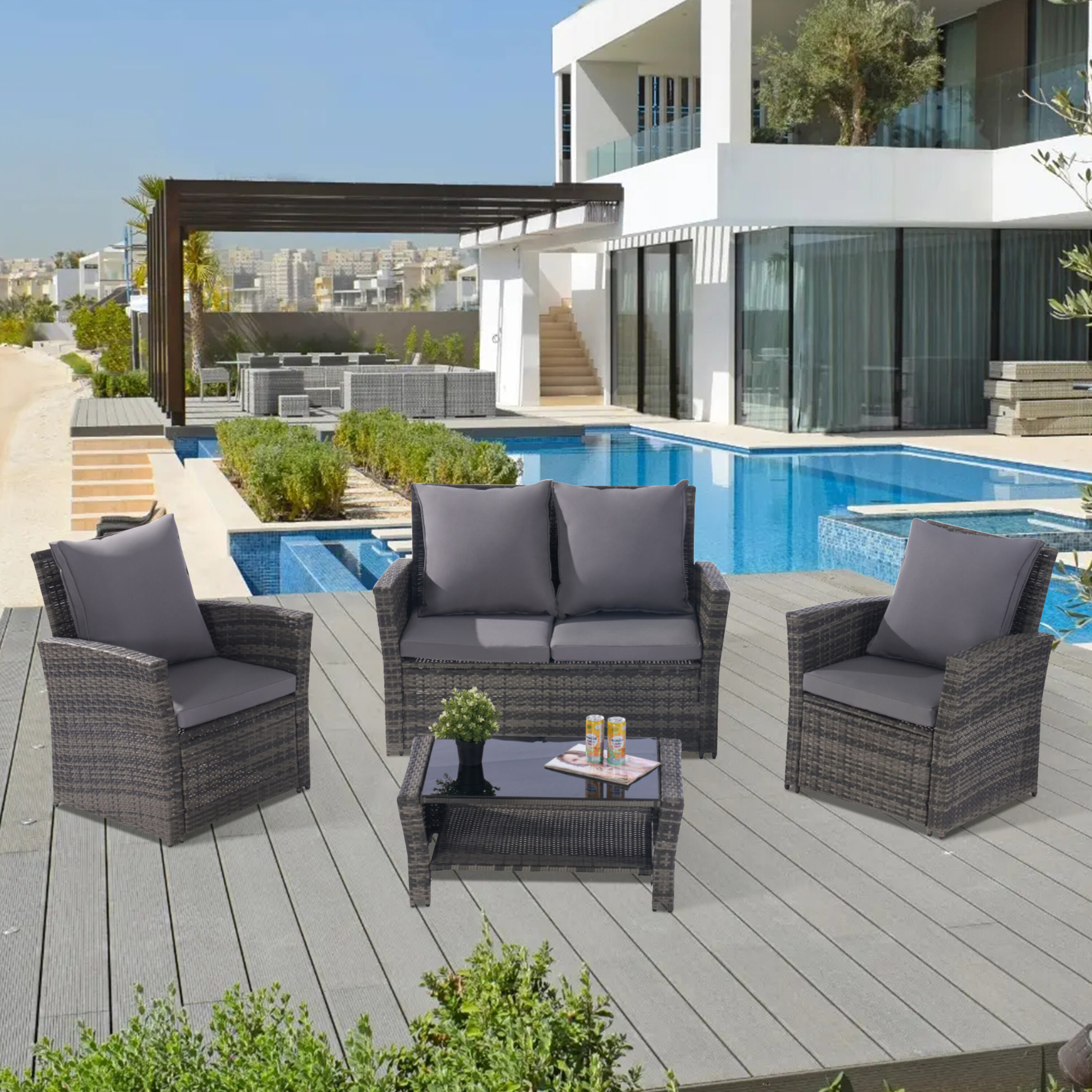 Hrinhom HC-OT01-DARK GRAY 4-Piece Rattan Patio Conversation Set with Gray Cushions