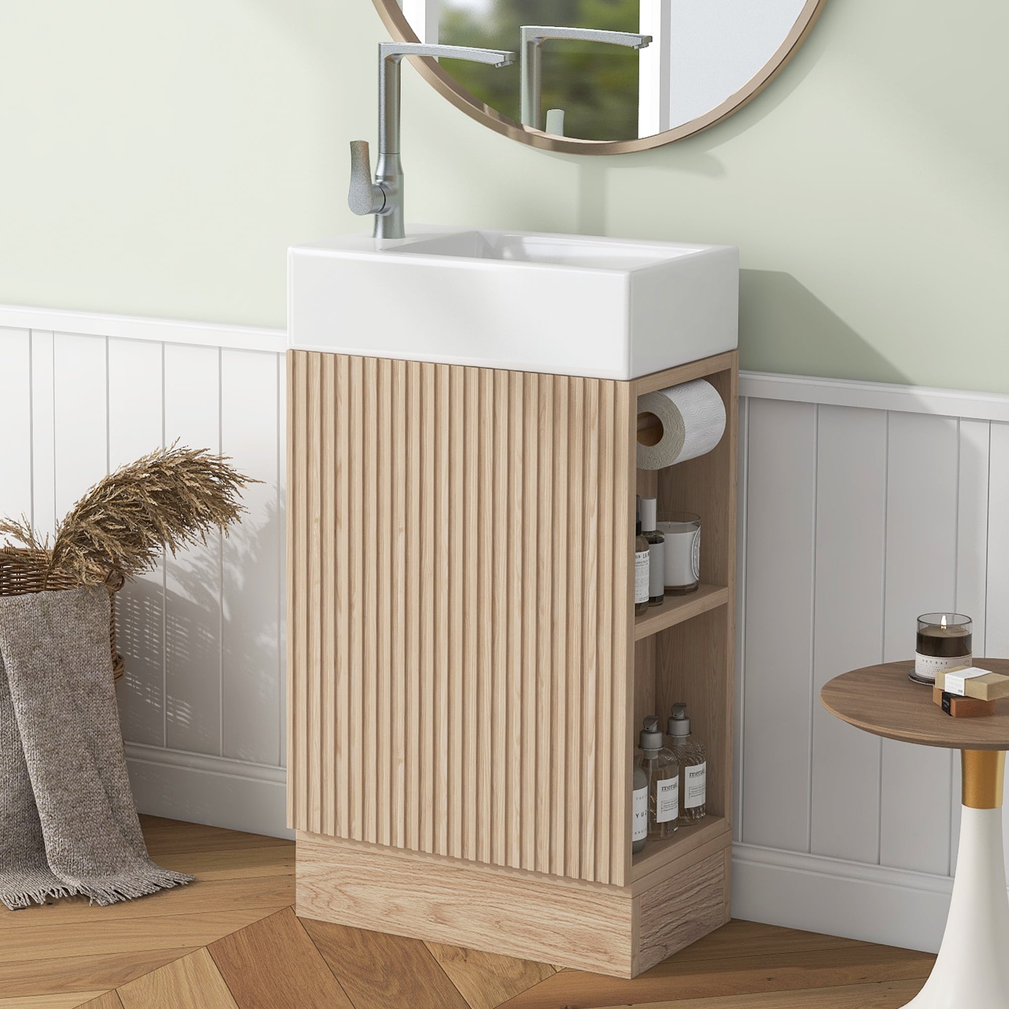Vorene - 18.6 in Natural Bathroom Vanity with Sink Two Tier Inner Storage Shelves Reversible Left...