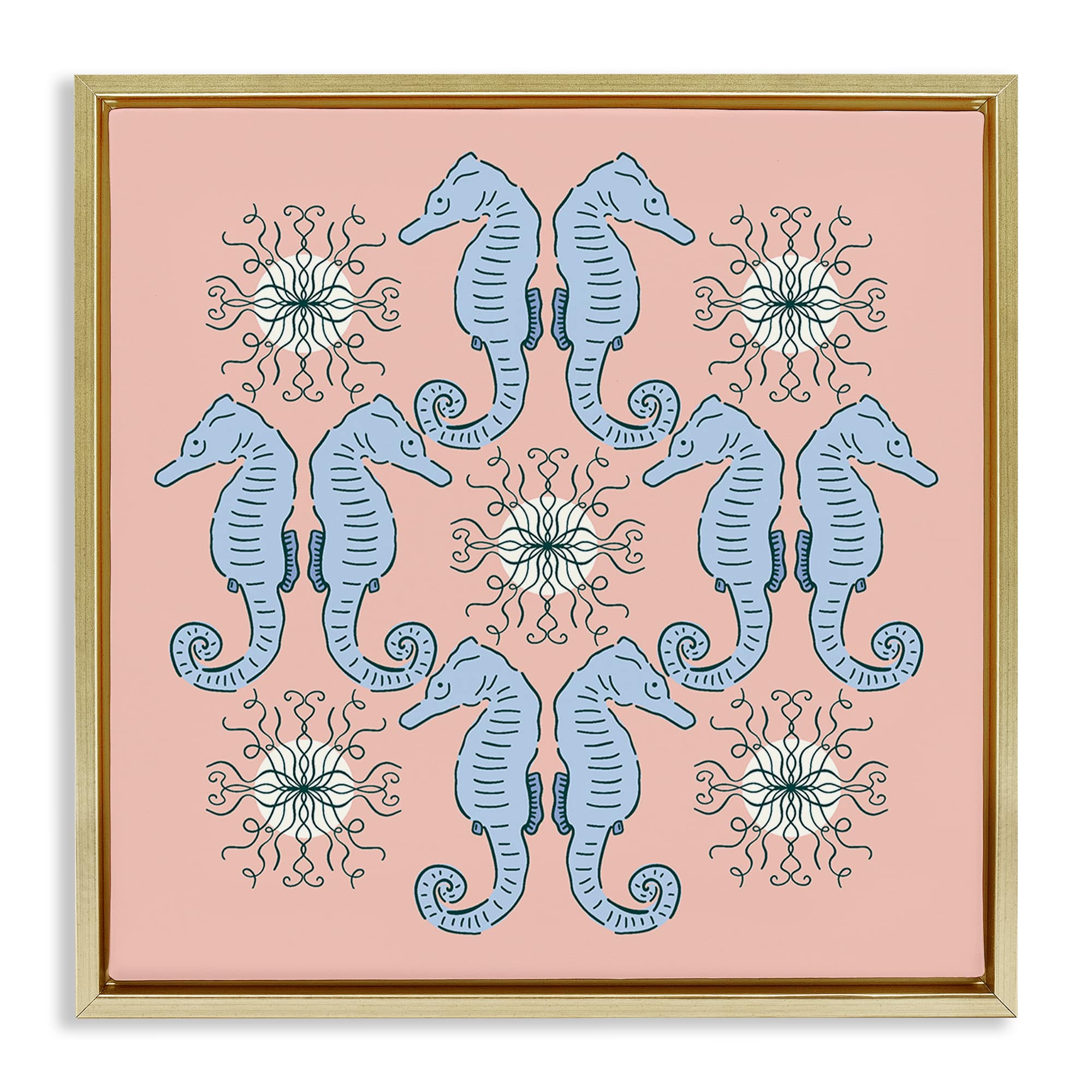 Stupell Industries BT-514-FFG-17X17 Symmetrical Coral Seahorse Pattern Gold Framed Floater Canvas Wall Art By Sazerelli Designs 18 x 18