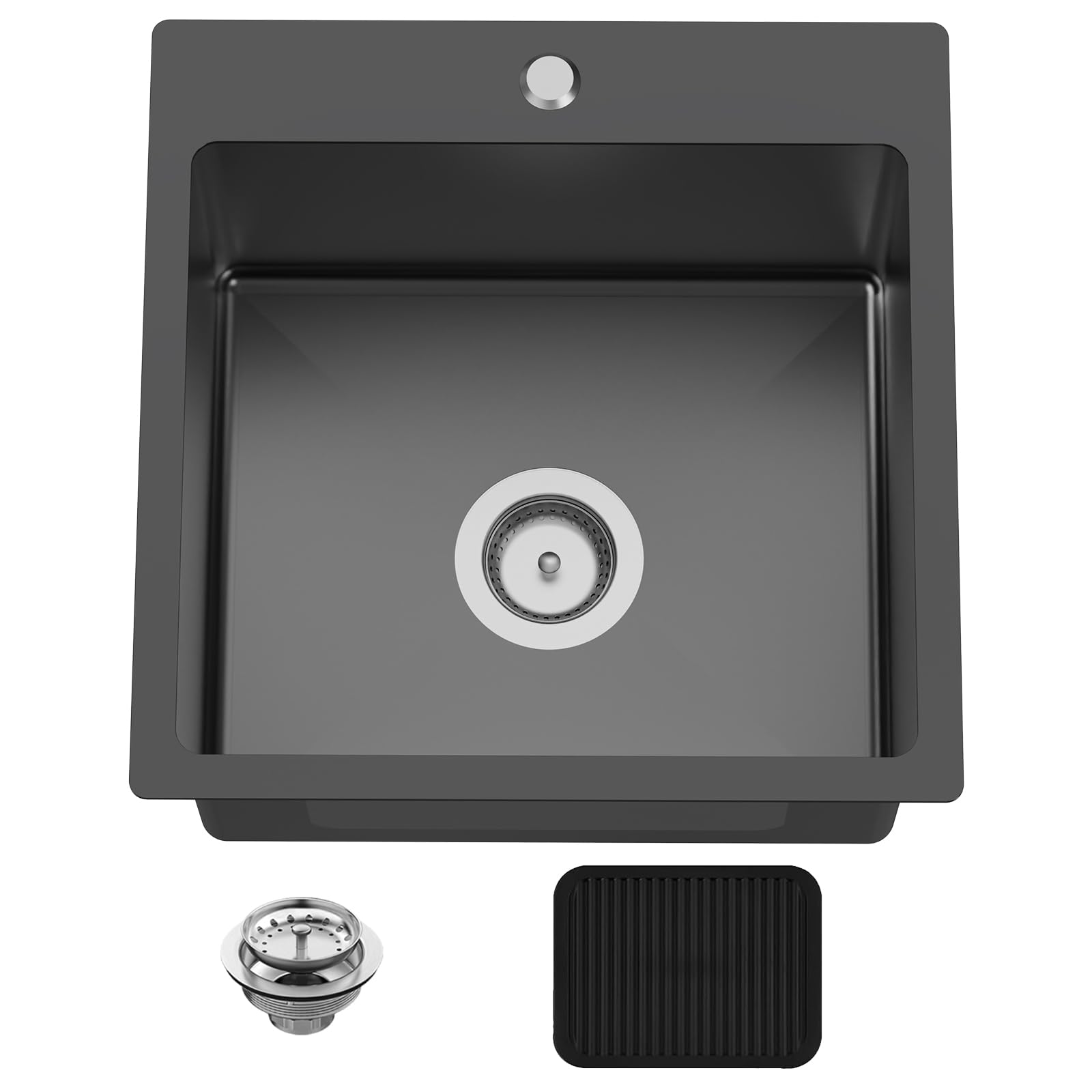LILILIAN FMY Black 18x18 In Drop In Stainless Steel Single Bowl Kitchen Sink with Silicon Mat and Drain Strainer Set for Kitchen and Bar #LRO0827O063