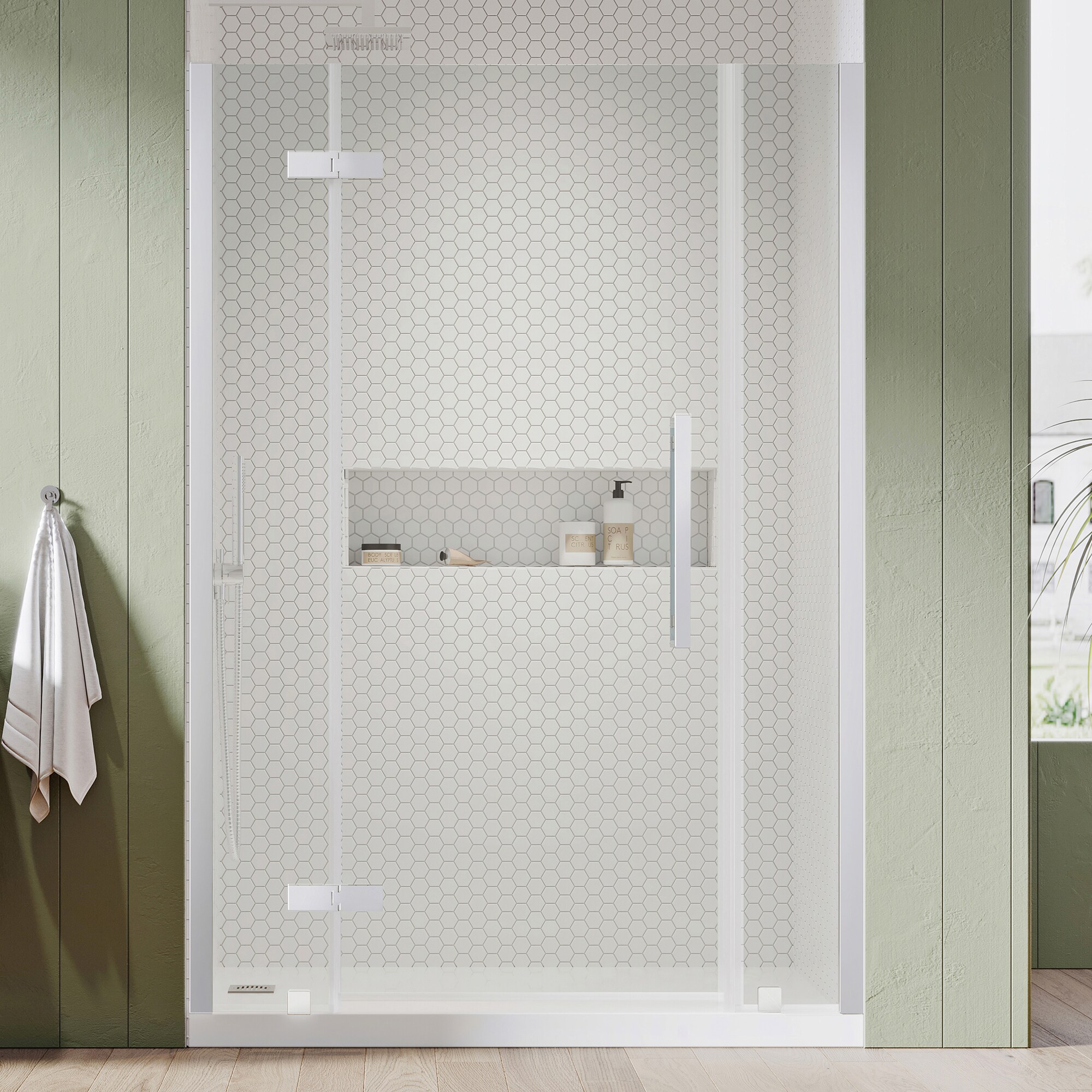 OVE Decors 828796049870 Tampa Polished chrome 45-11/16-in to 48-1/16-in W x 72-in H Frameless Pivot Shower door 5/16-in Thick Clear Glass