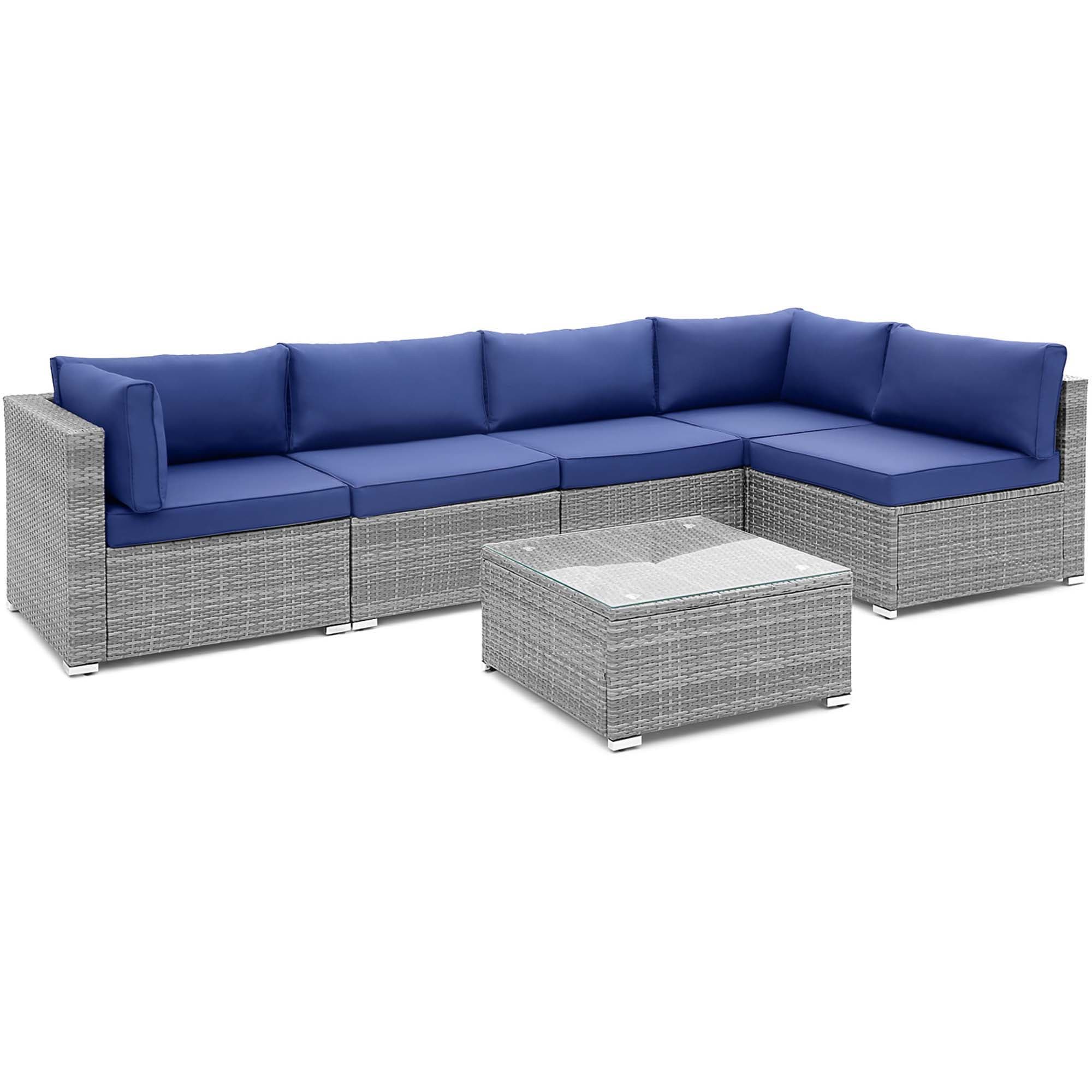 Costway LWS00038 6 -Piece Rattan 2 Patio Sofa Conversation Set with Blue Cushions