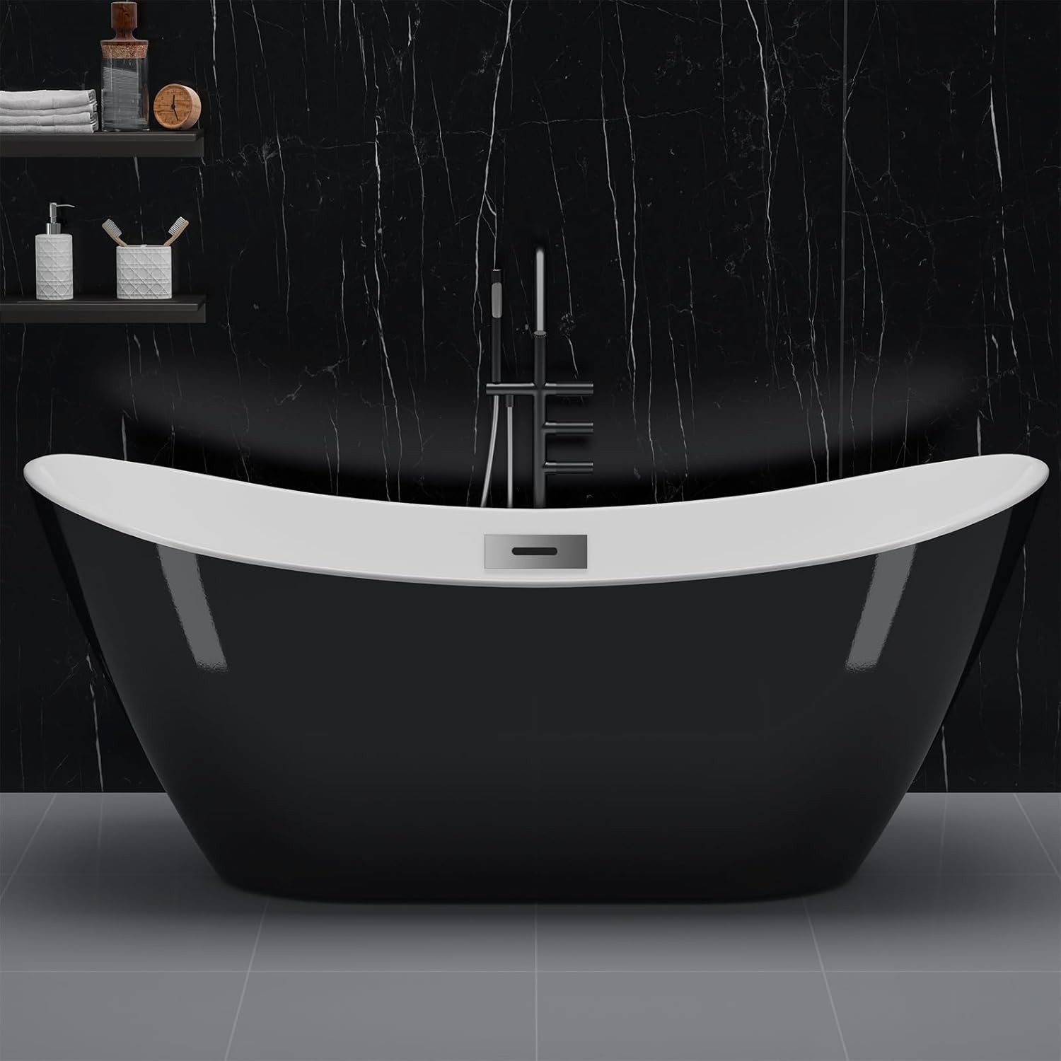 WhizMax PHO0ZSZJ94U 59 inch black Acrylic Freestanding Bathtub Free Standing Soaking Tub Freestanding Tub with Overflow and Matte Silver Drain Modern Bathtub for Bathroom Hotel Easy to Install CUPC Certified
