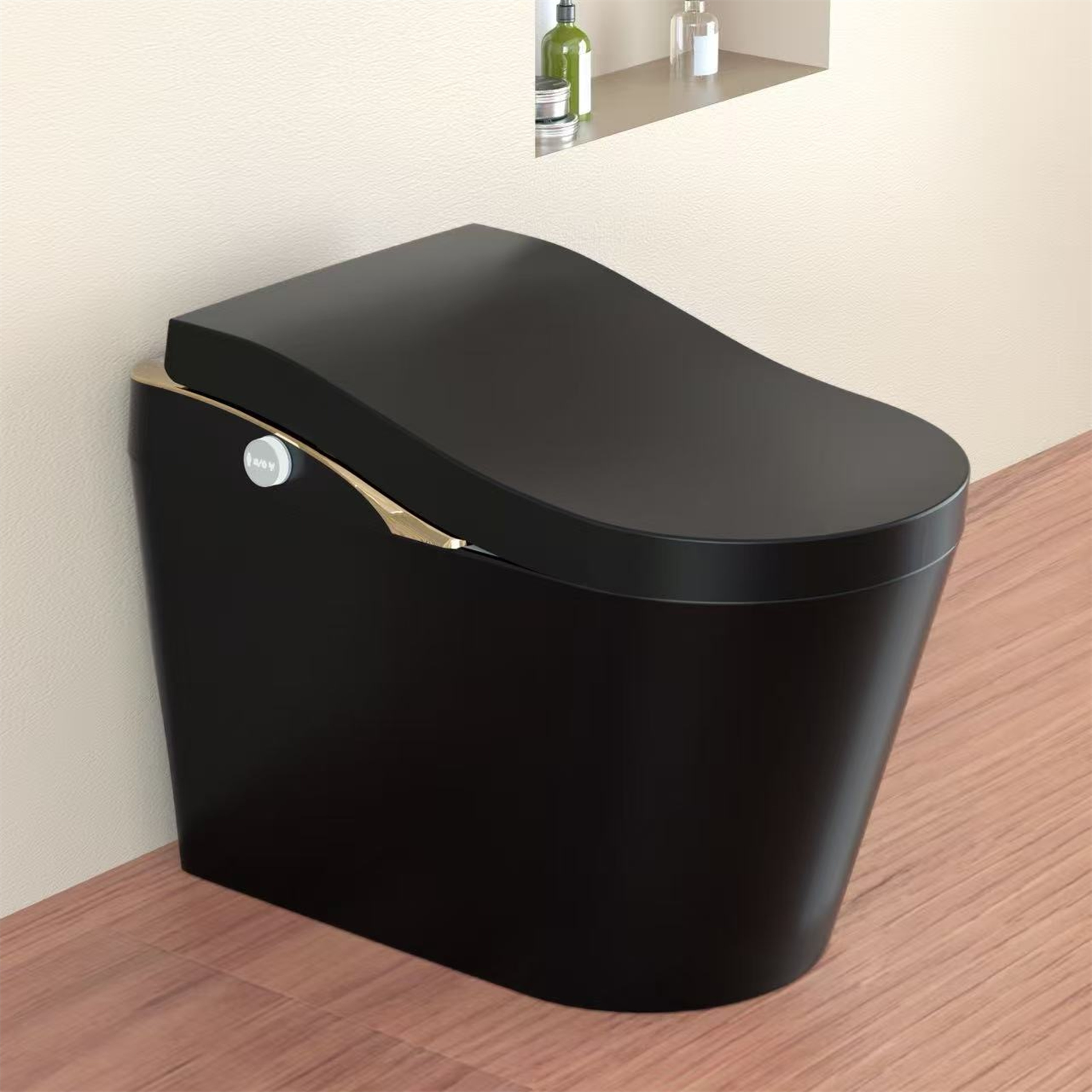 Vynxaria - Black Heated Seat Tankless Round Comfort Height Auto Open-Close 1-piece Smart Bidet To...
