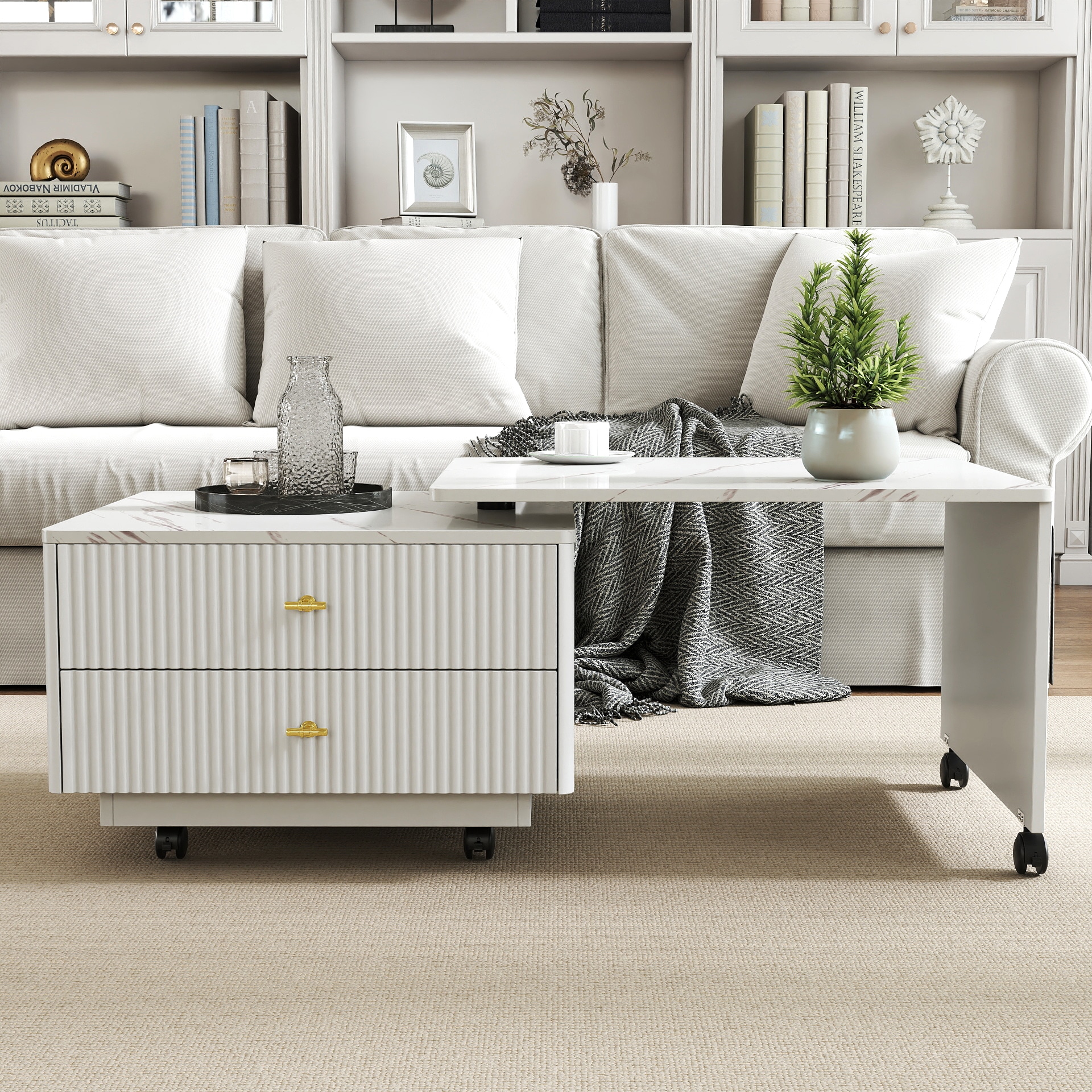 LOVMOR SF-Y-W331P286652 Extendable Coffee Table with Storage Reversible Living Room Table with 2 Drawers and with 6 Wheels White