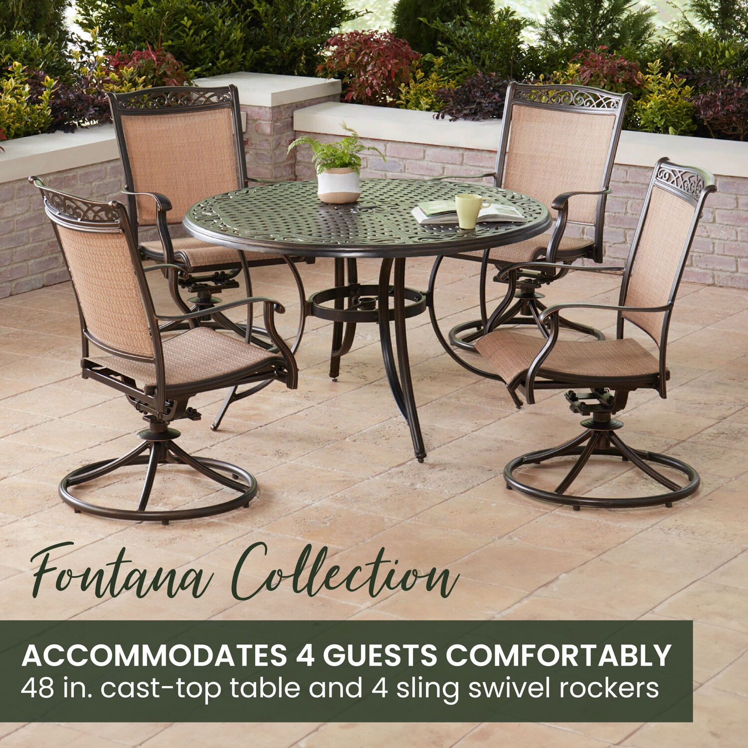 Fontana Bronze 48" Round Cast-Top Table with Tan Sling Swivel Chairs