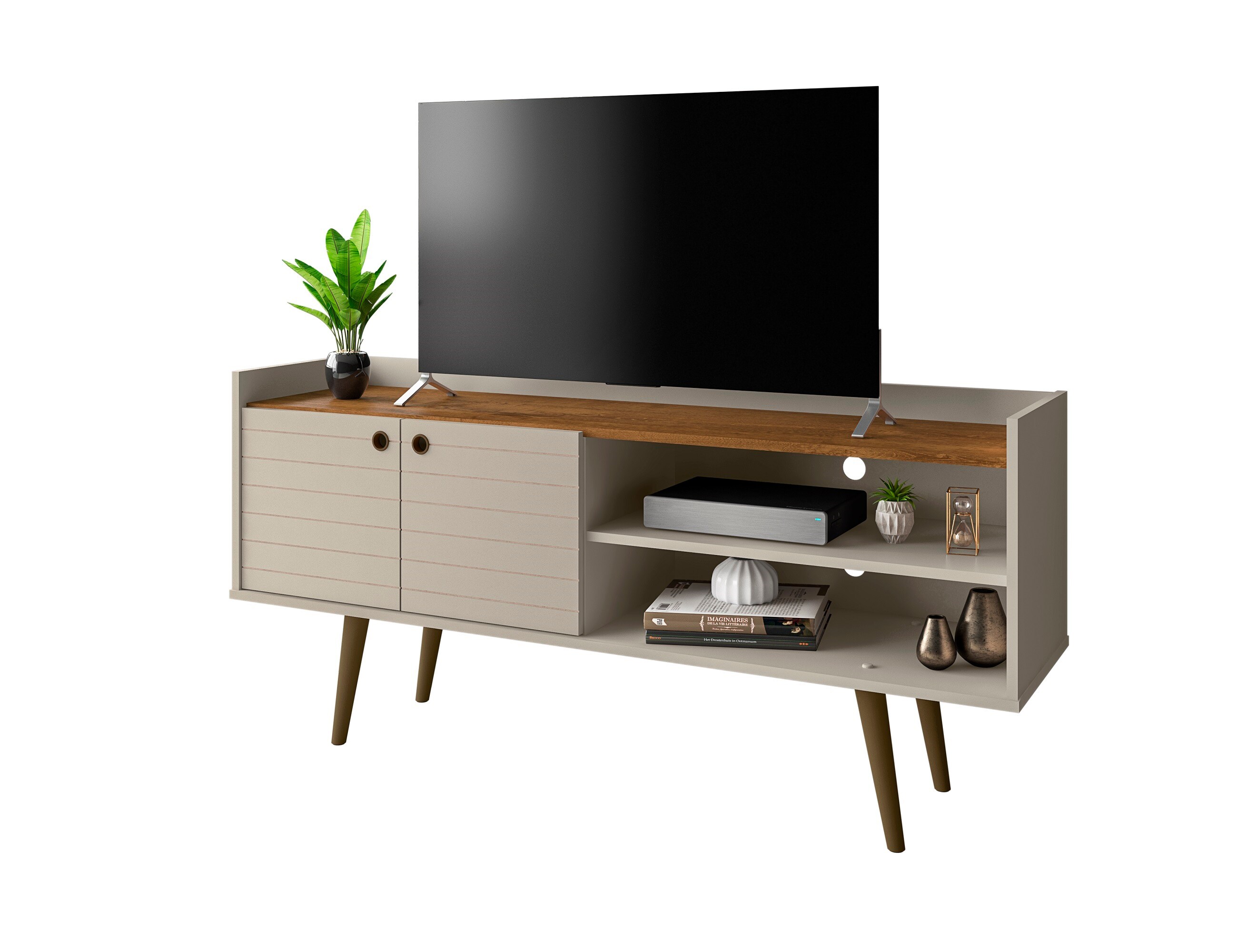 Bogart 53.54" Off-White Mid-Century Modern TV Stand with Cabinet