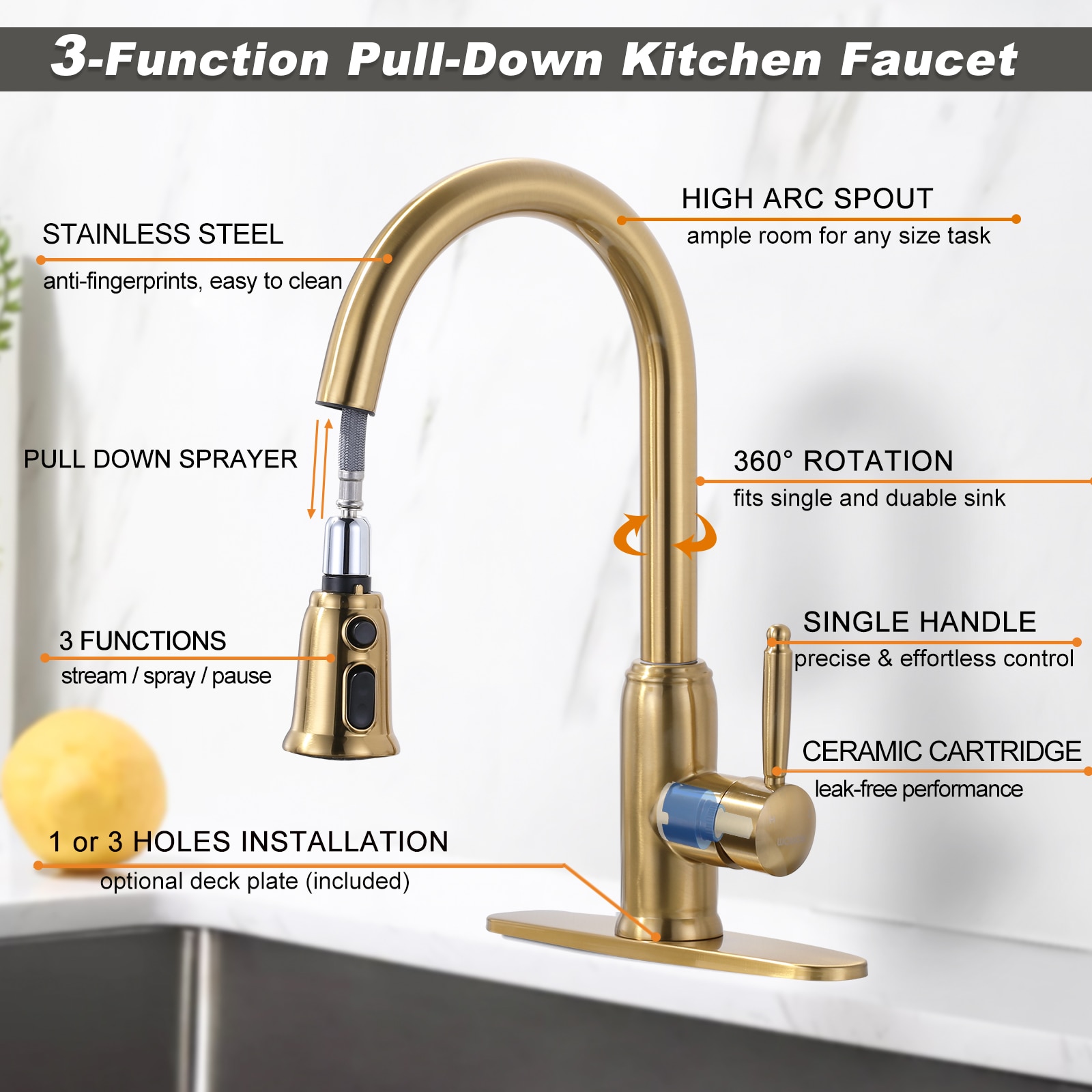 WOWOW Gold Single Handle Kitchen Faucet with Sprayer (Deck Plate ...