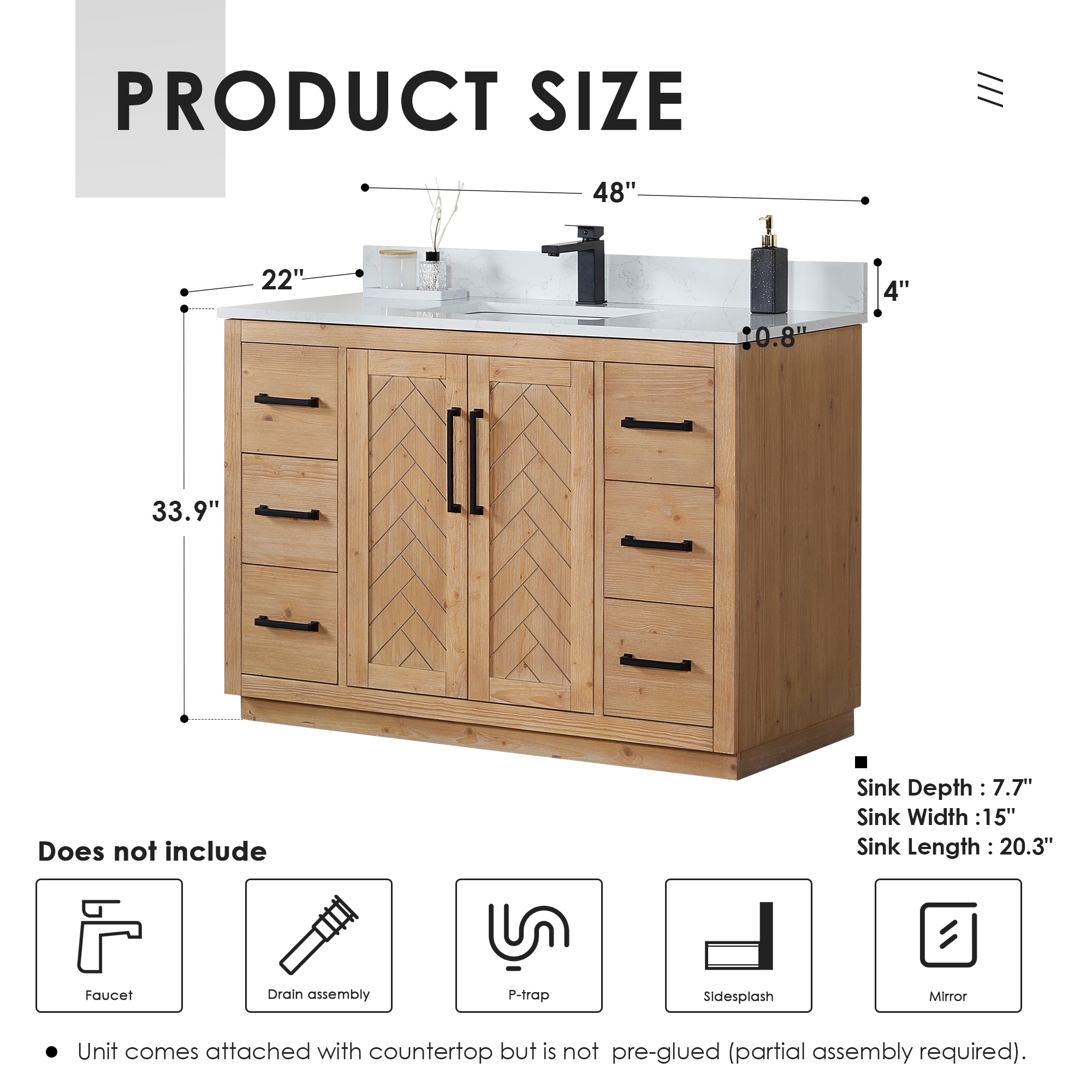 Anais Light Brown Wood Bathroom Vanity with White Stone Countertop, 48 inch