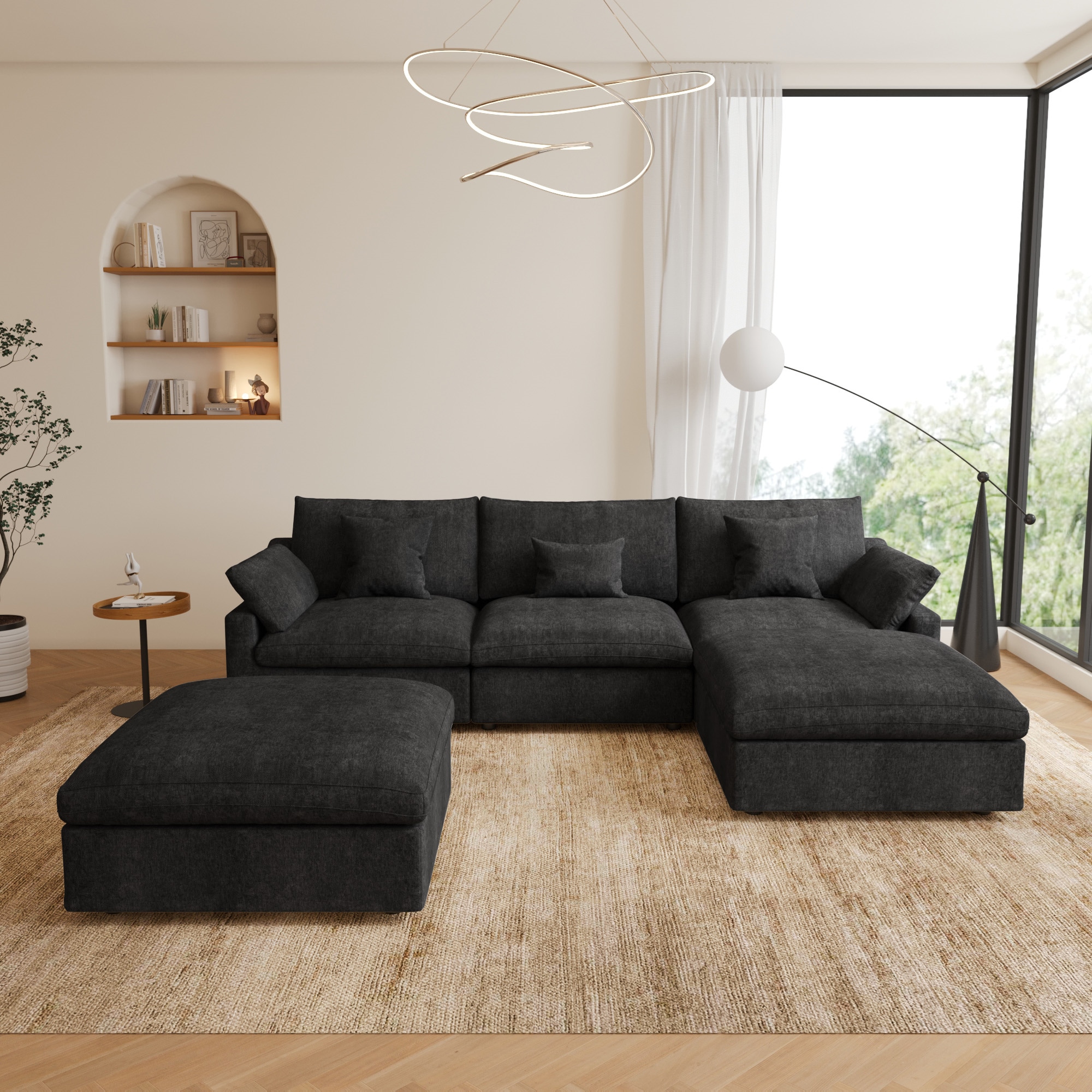 BuotiqHom DH-S3+2-140BK 119-in Modern Black Linen 5 -seater Sectional