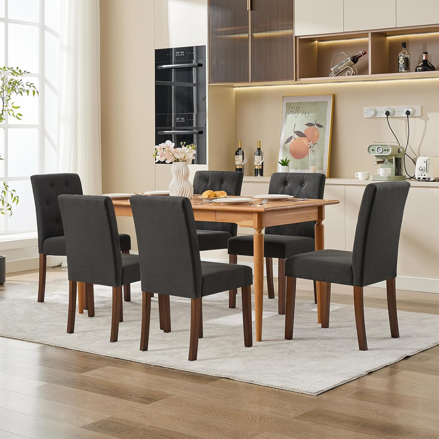 Qeetex LHF-CY-7BL144 Upholstered Dining Chairs Set of 6 - Modern Fabric Kitchen Side Chairs with Sturdy Wood Legs - Parsons Design - Comfortable Soft Linen for Dining Room - Restaurant - Cafe - Black