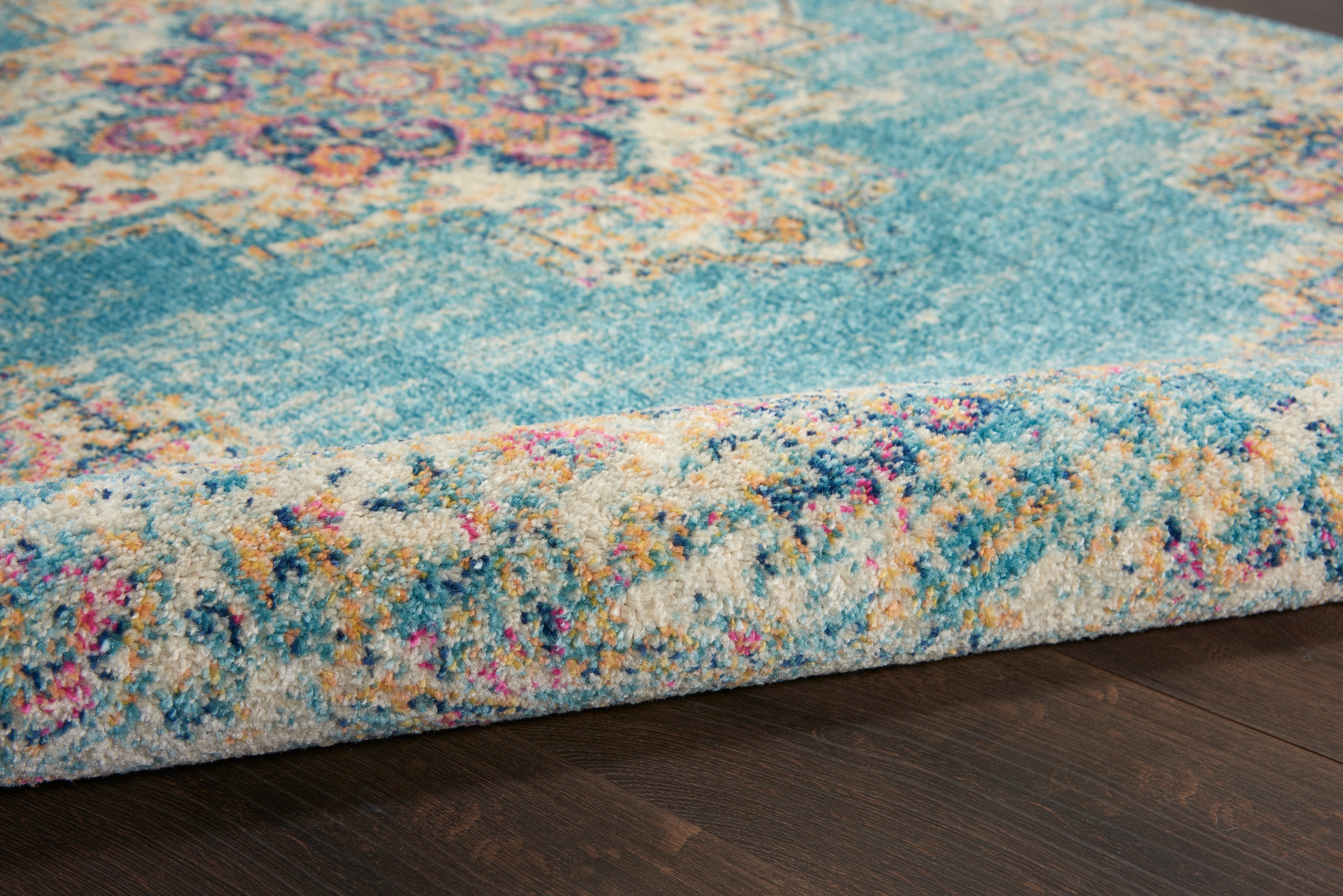 Light Blue Floral Synthetic Runner Rug with Latex Backing