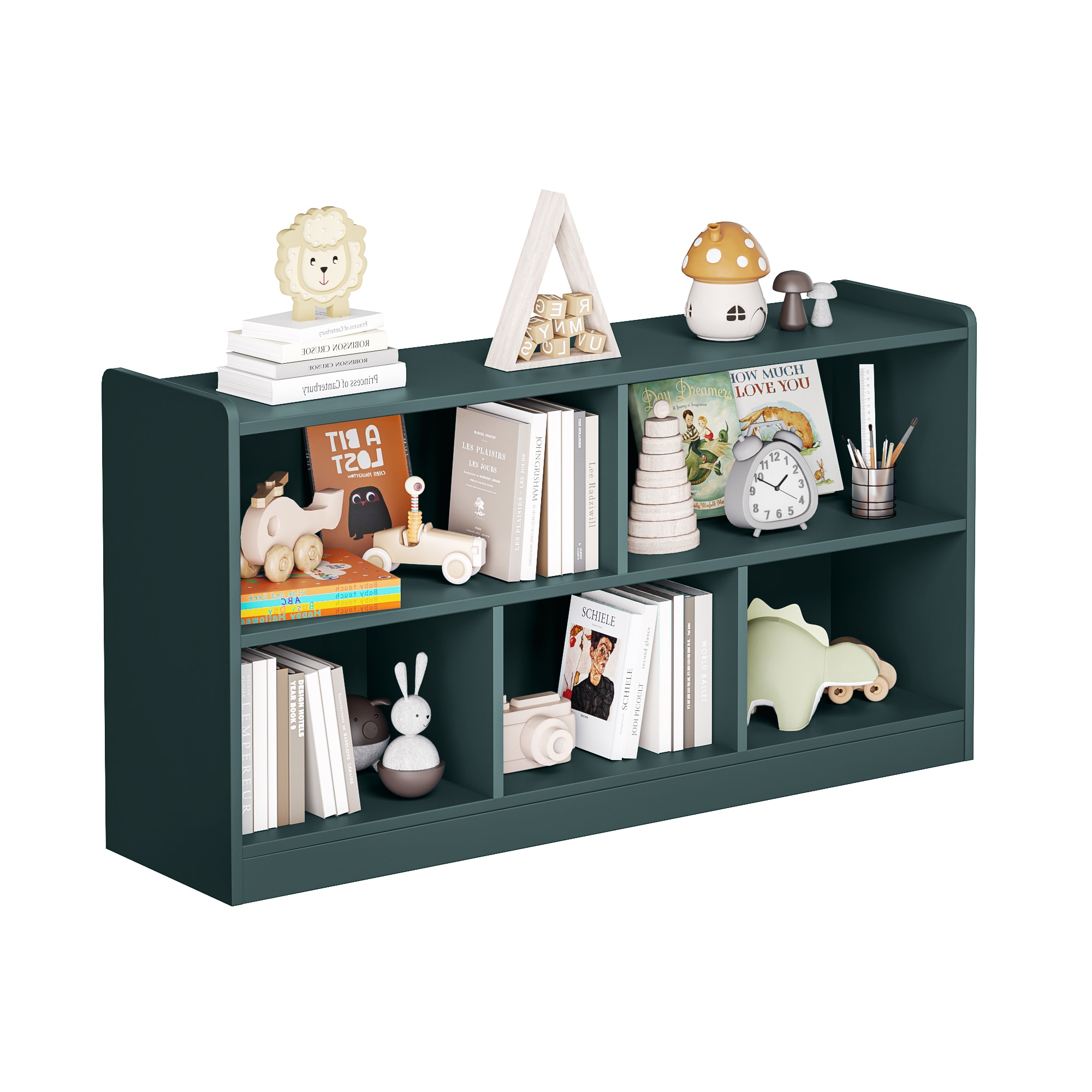 LOVMOR Wooden Storage Cabinet with 5 Sections Montessori Kids Bookshelf and Toy Organizer for Nursery Playroom and Classroom in Green #SF-Y-CWG-G