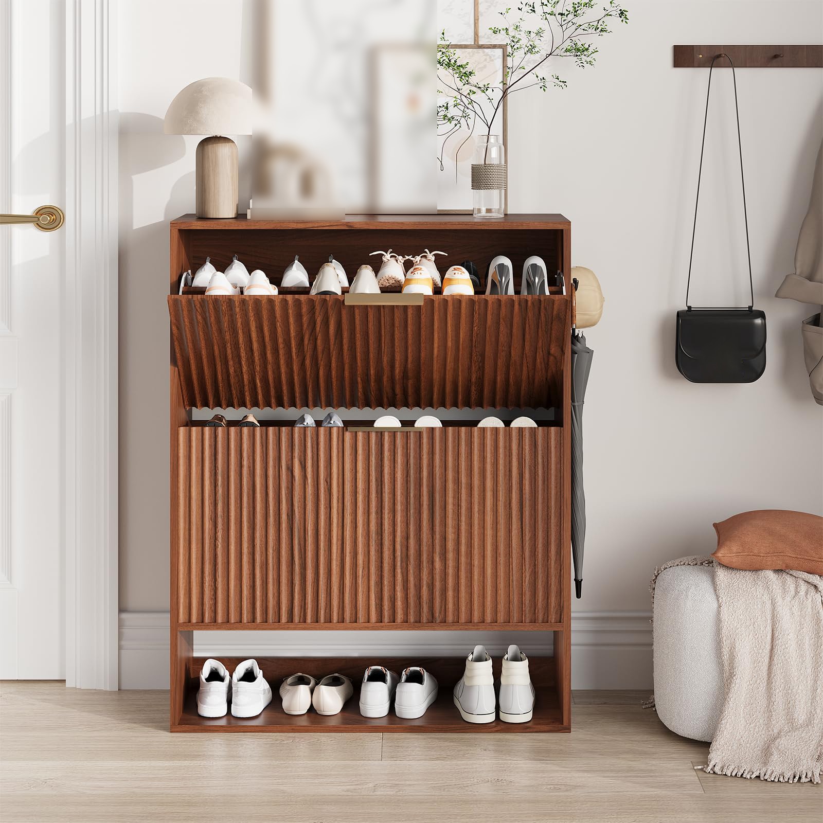 IdealHouse Slim Fluted Shoe Storage Cabinet 2 Turn Drawers Side Hooks Open Shelf Freestanding Modern Organizer Narrow Space Saving Shoe Rack for Entryway Hallway or Foyer