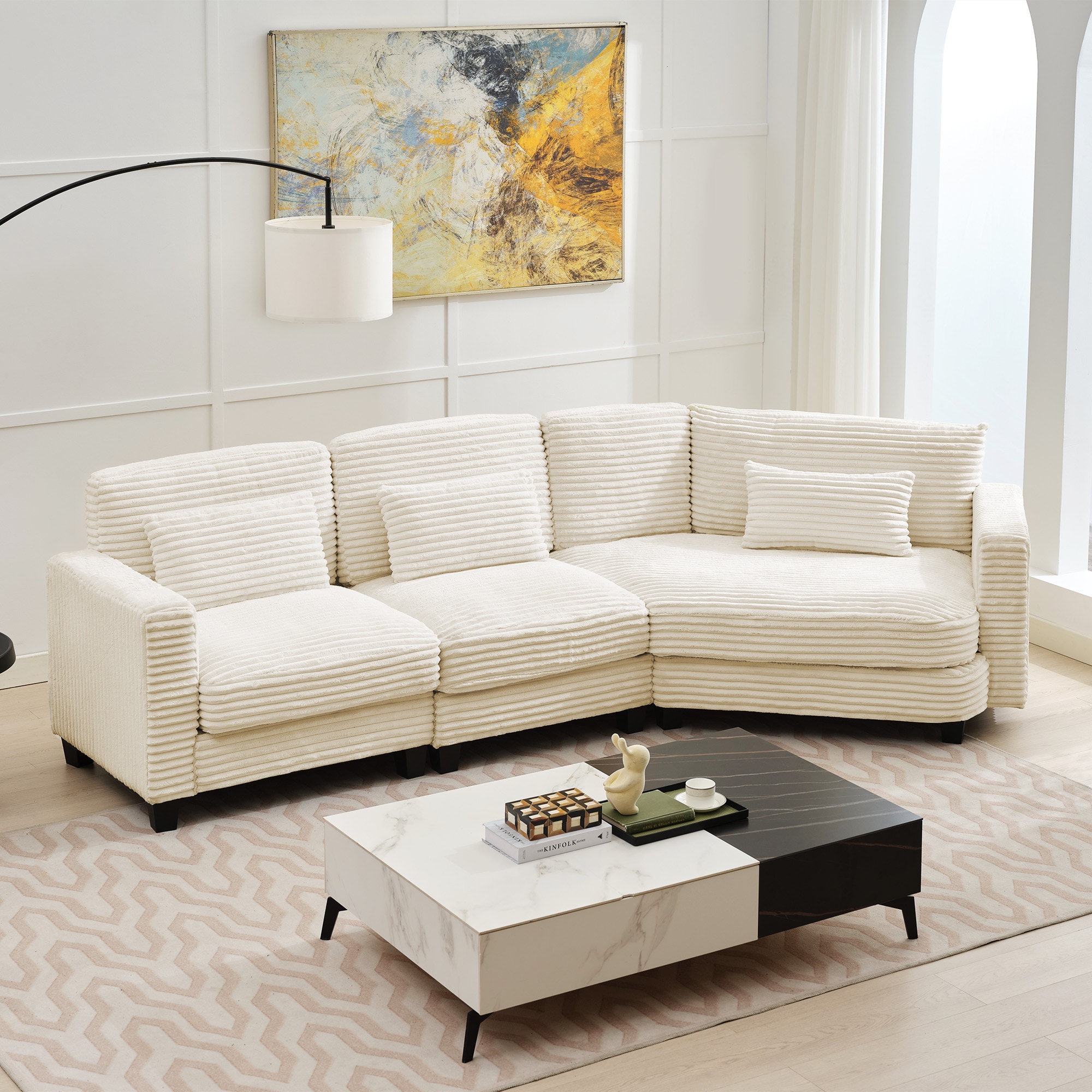 VOUA SAF-NAPDPU-BE 4-Seater Corduroy Sofa Set 107.87-in Modern Beige Synthetic 4 -seater Sectional