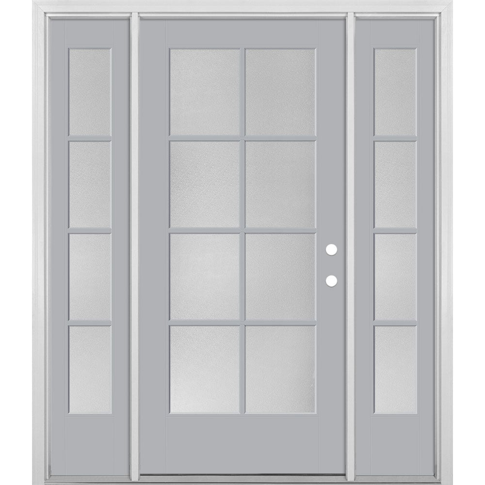 Masonite 1524507 60-in x 80-in x 4-9/16-in Fiberglass Full lite Left-hand inswing Infinity Gray Painted Prehung Single door with sidelights Front Door with Brickmould Insulating core Simulated divided light