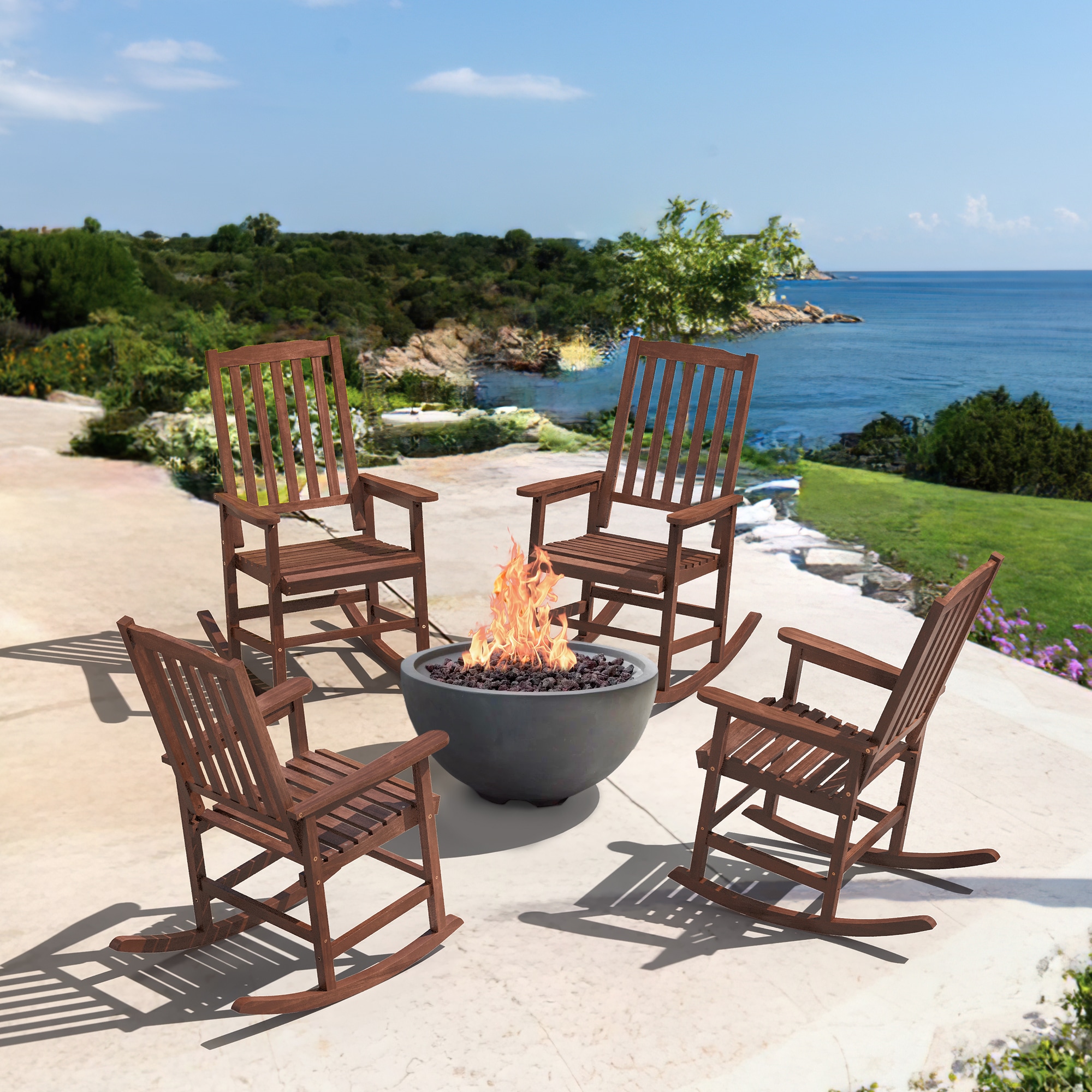Yurevna 4JY-029-04LS Patio Rocking Chair Set of 4 Teak Brown Polyethylene Frame Rocking Chair with Slat Seat