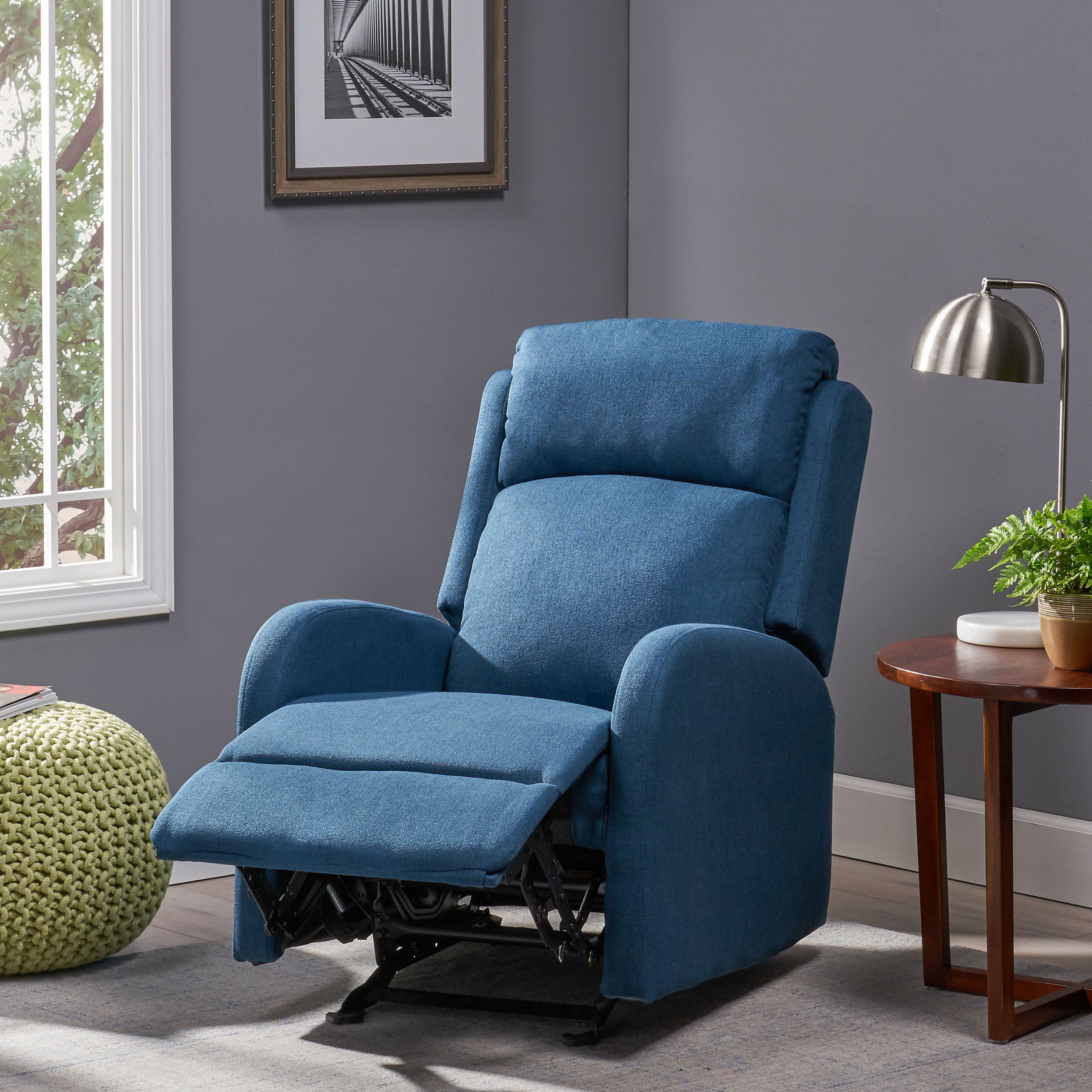 Navy Blue Polyester Rocking Recliner with Black Legs