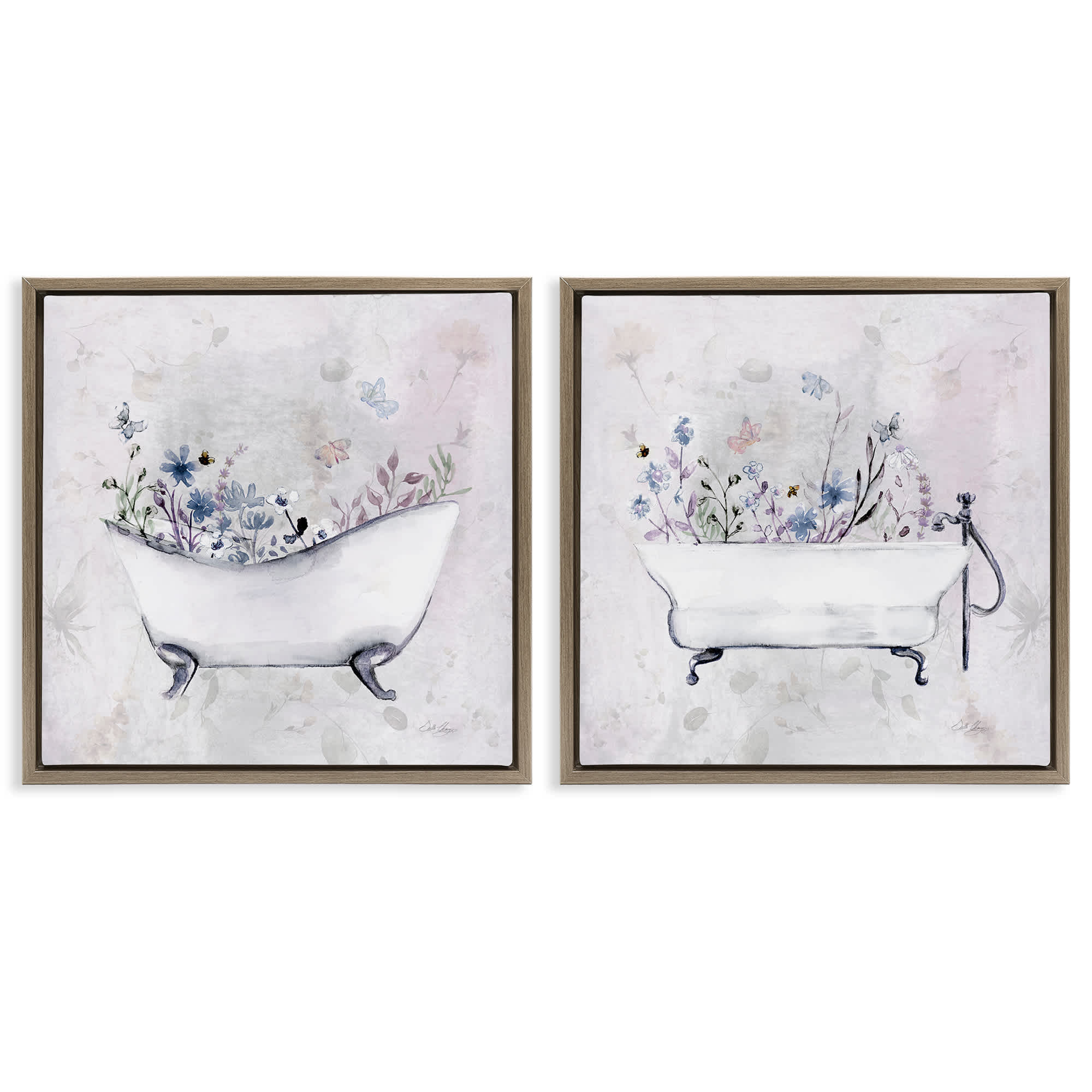 Stupell Industries B2-725-FFE-2PC-24X24 Antique Tubs with Botanics 2 Piece Brown Framed Floater Canvas Set By Stella Chang 25 x 25