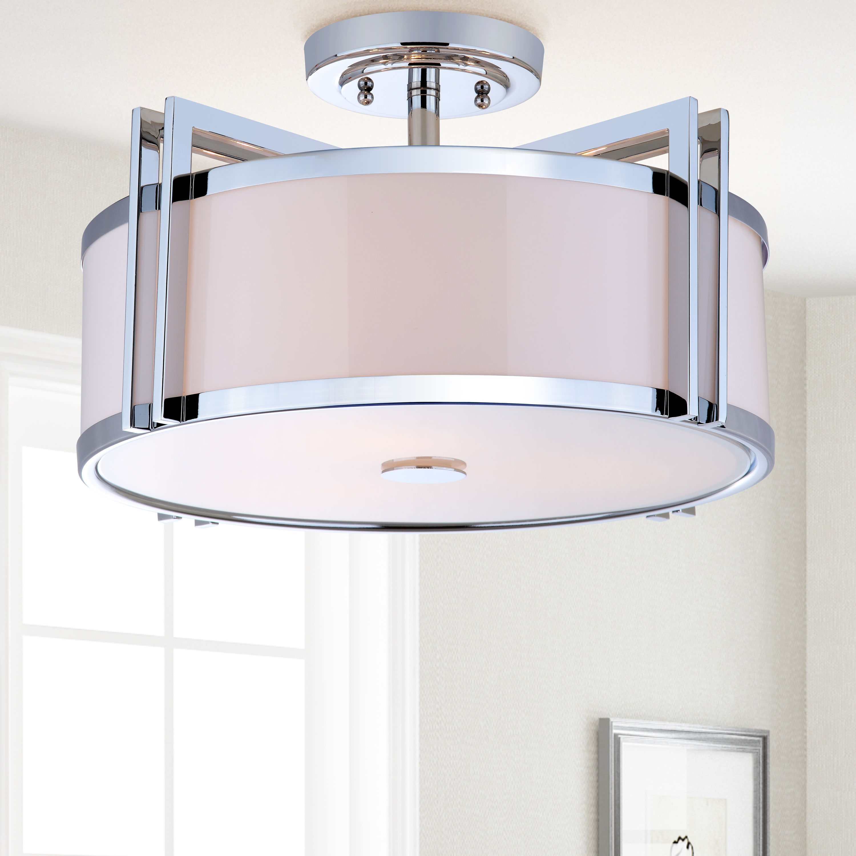 Contemporary Chrome 17'' Drum Ceiling Light with Cream Shade