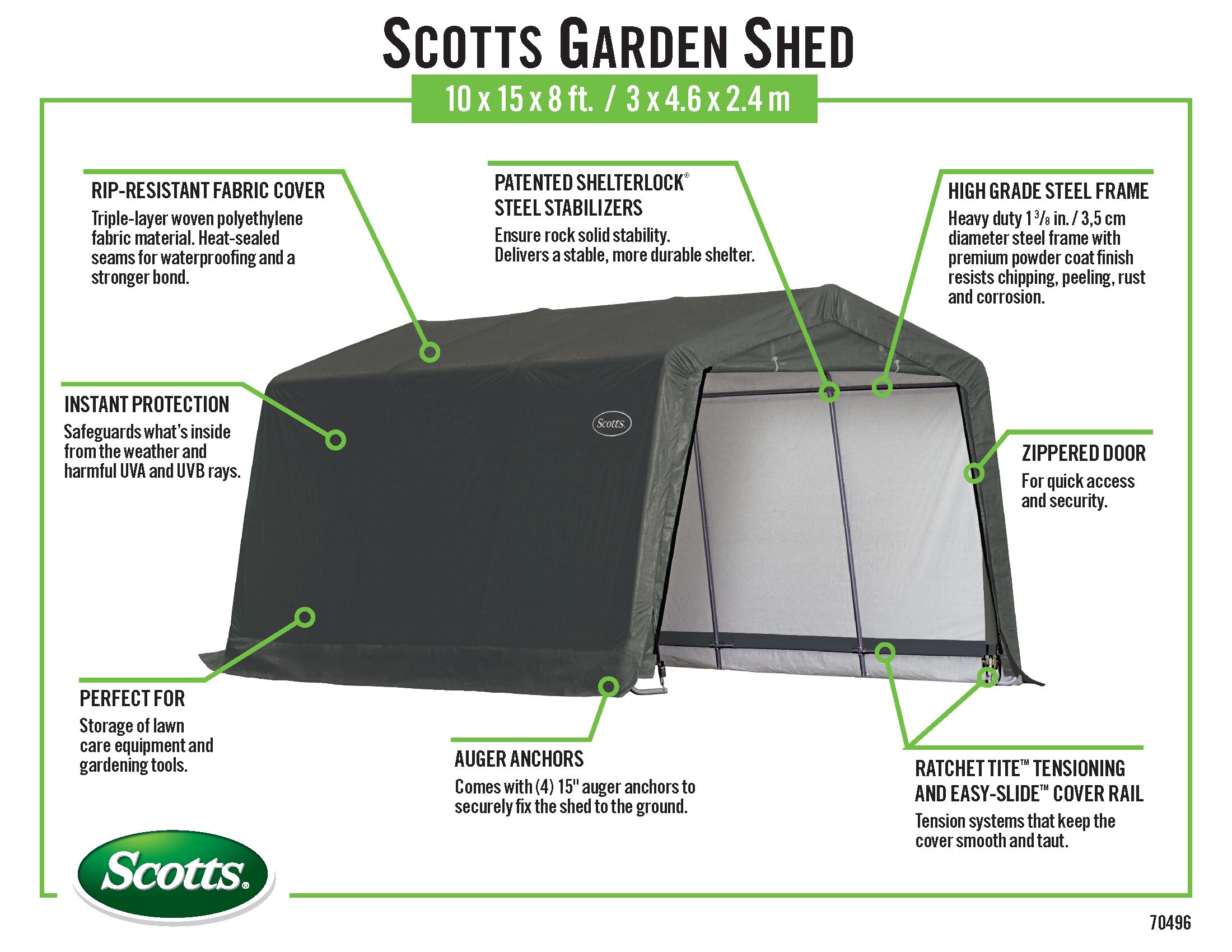 Scotts 10' x 15' Green Steel Frame Storage Shed