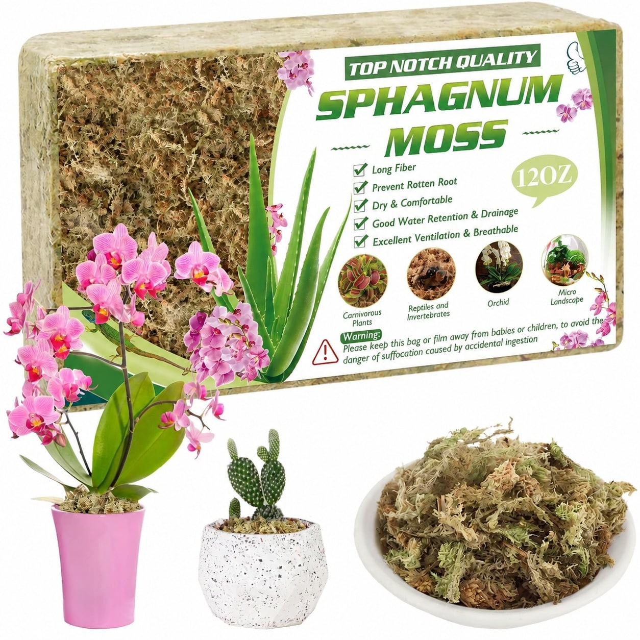Misopily -  16QT Sphagnum Moss 12OZ Natural Orchid Moss for Indoor Plants Repotting Increases Hum...