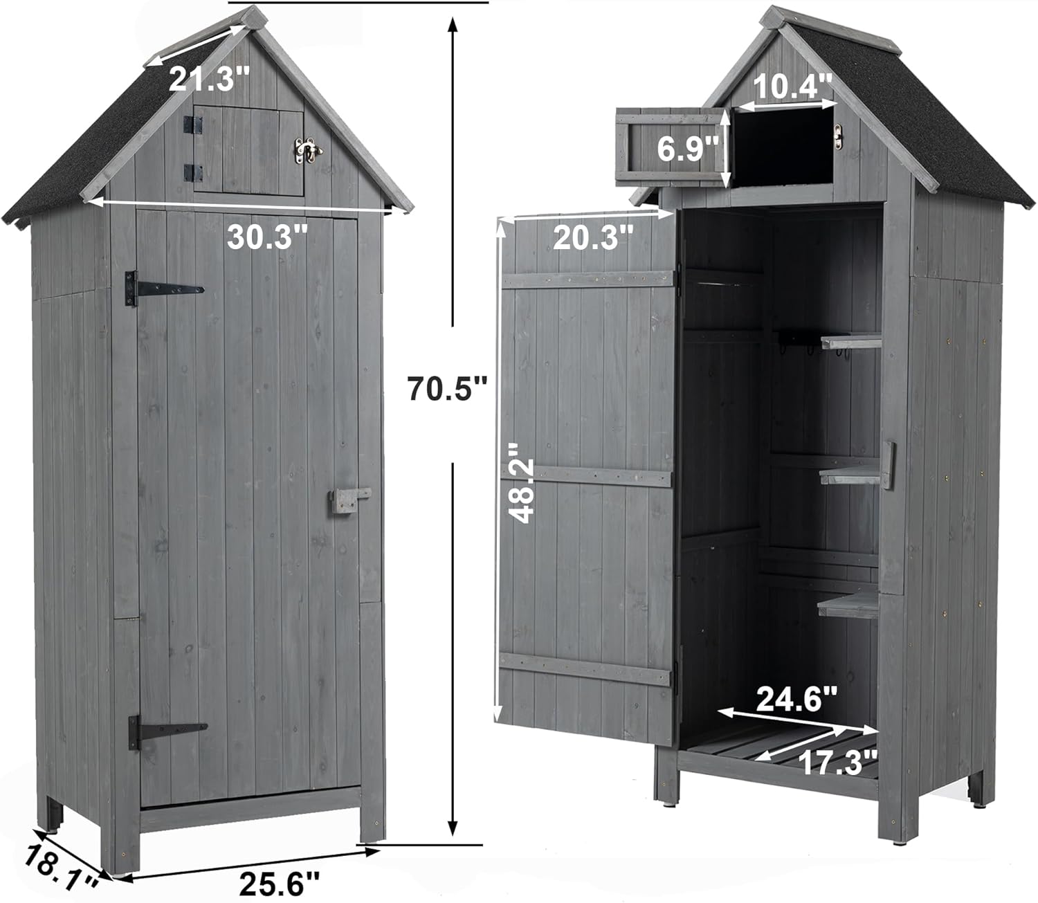Qeetex QPOPHO13MOHLMZ Outdoor Wooden Storage Shed with Sloping Asphalt Roof and Three Compartments Gray Gray