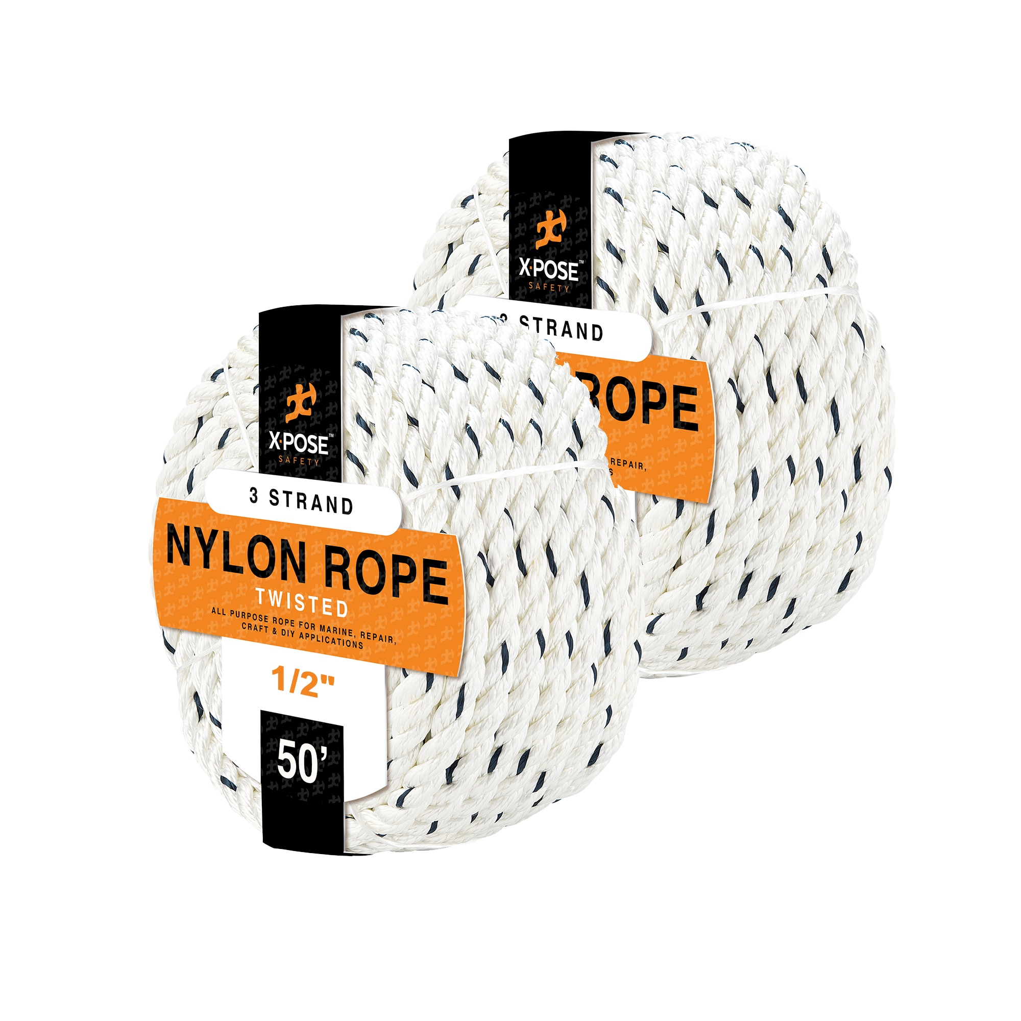 XPOSE SAFETY Nylon Poly Rope - 1/2 Inch Polyester and Nylon Rope 50 Ft - Up  to 10x Stronger Compared Natural Fiber or Polypropylene Rope - Synthetic 3  Strand Braided Rope 