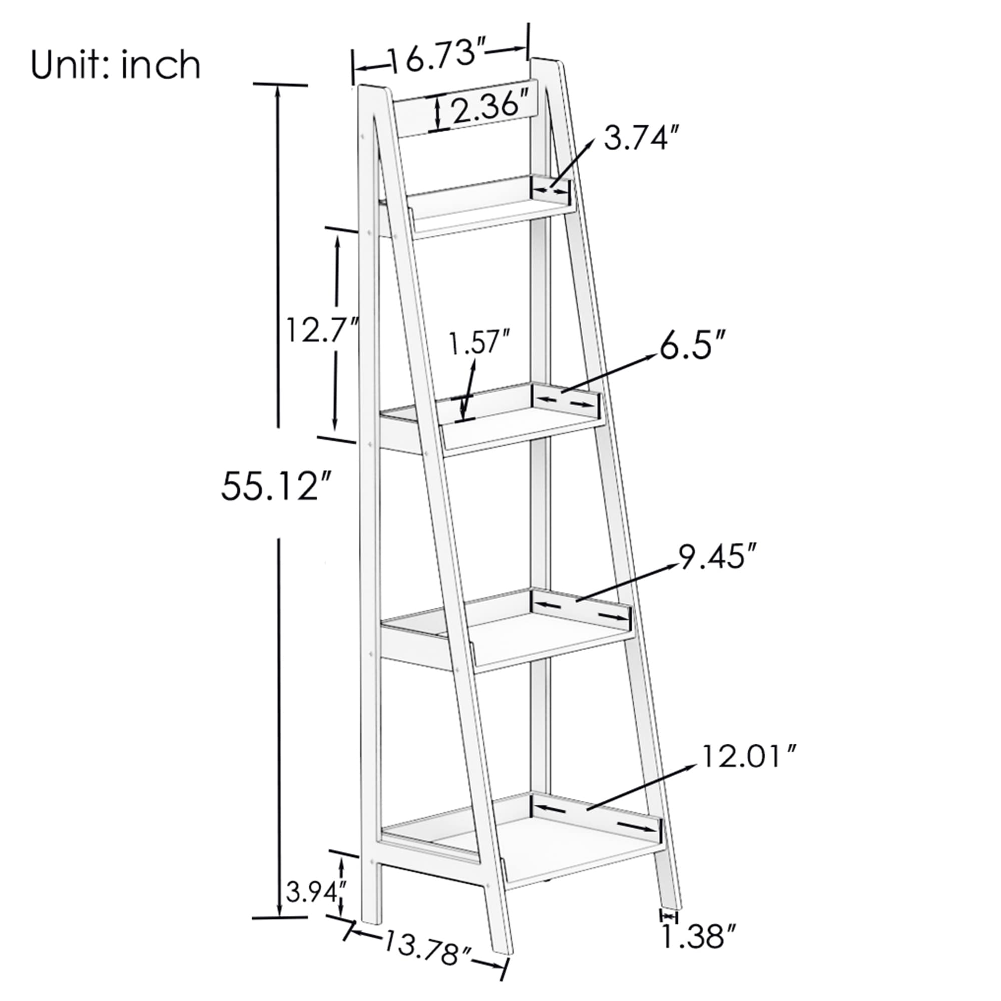 Clihome Free standing 4 shelf bookcase White Wood 4-Shelf Ladder ...