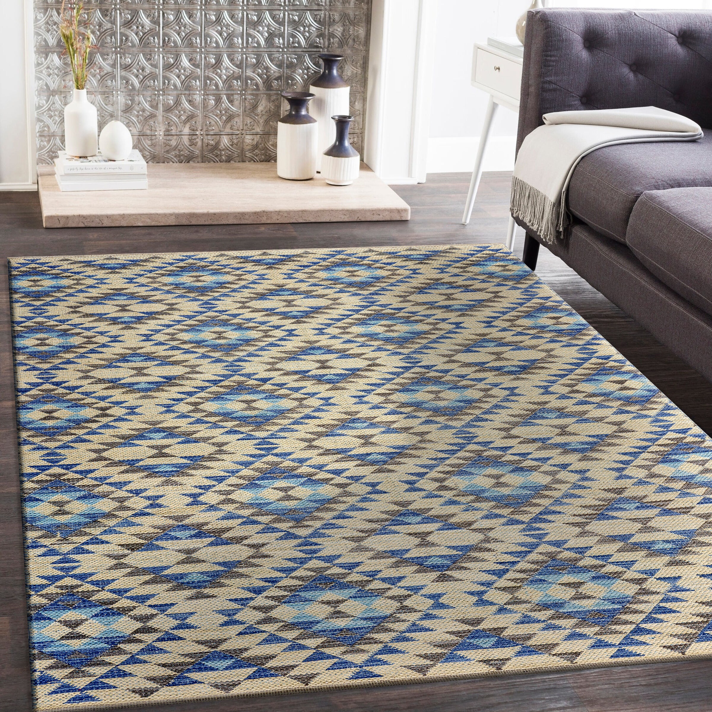 LR Home 6586A7084934J8 5 x 7 (ft) Tufted Cotton Blue/Cream Rectangular Indoor/Outdoor Geometric Bohemian/Eclectic Area rug
