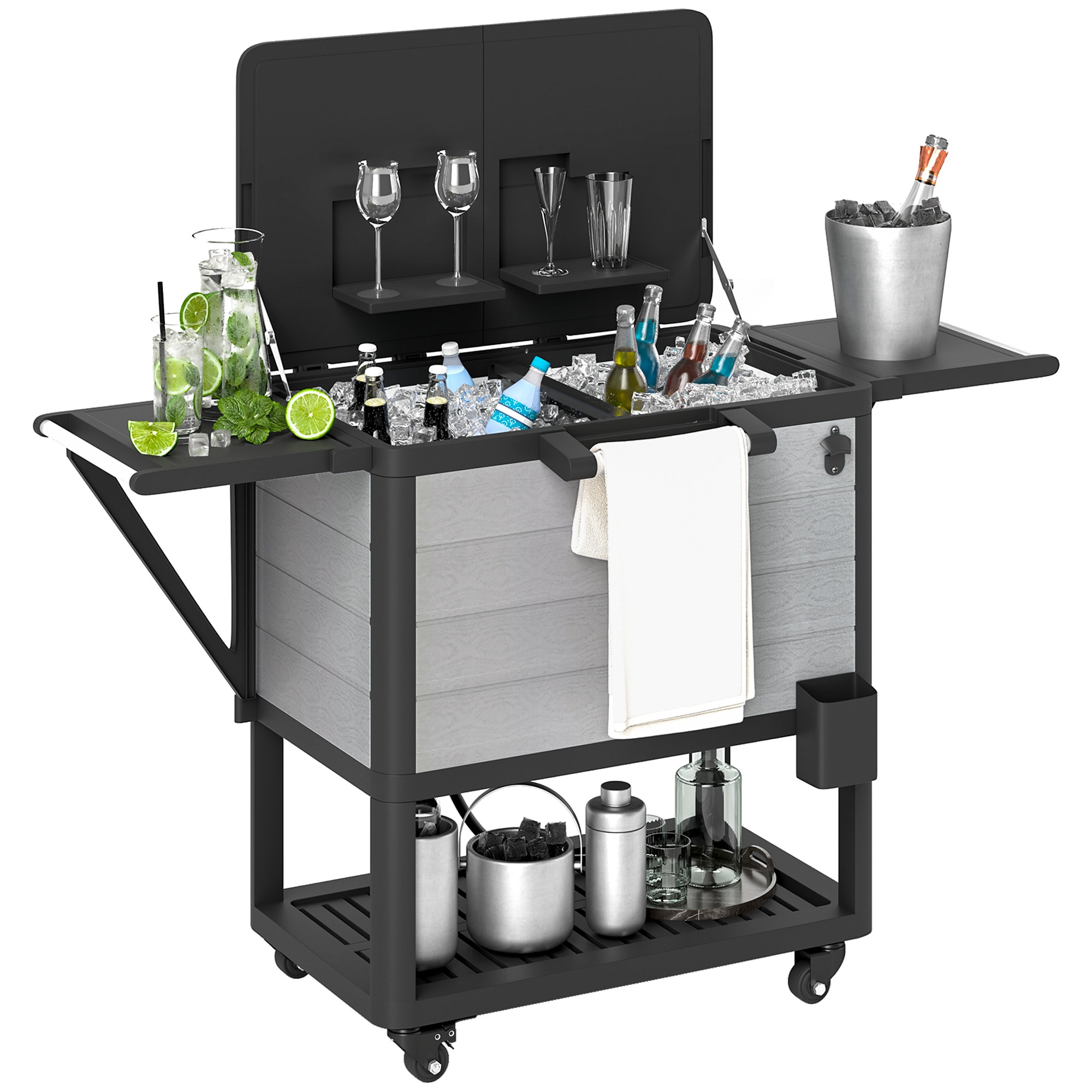 Outsunny 846-194V00GY  Patio Cooler with Wheels 104 Quart Large Capacity Rolling Ice Chest with Bottle Opener and Shelves Outdoor Beverage Bar Cart with Handles for Pool Deck BBQ Cookouts Party Gray