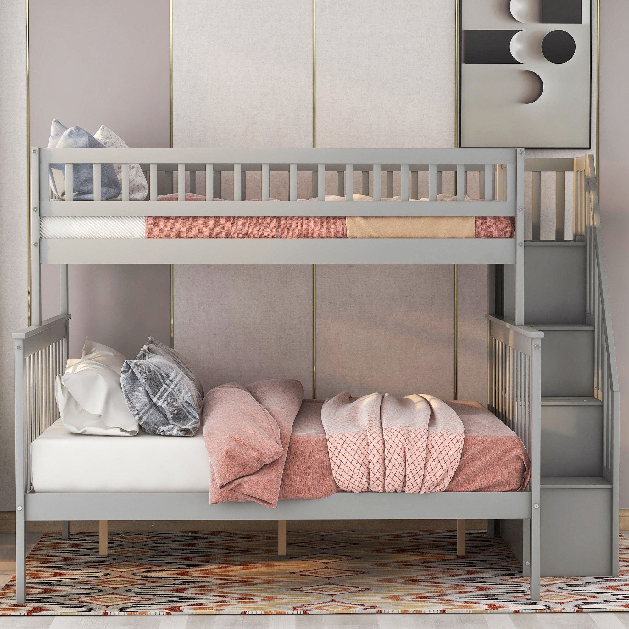 Yiekholo Gray Twin over Full Bunk Bed with Staircase and Storage ...