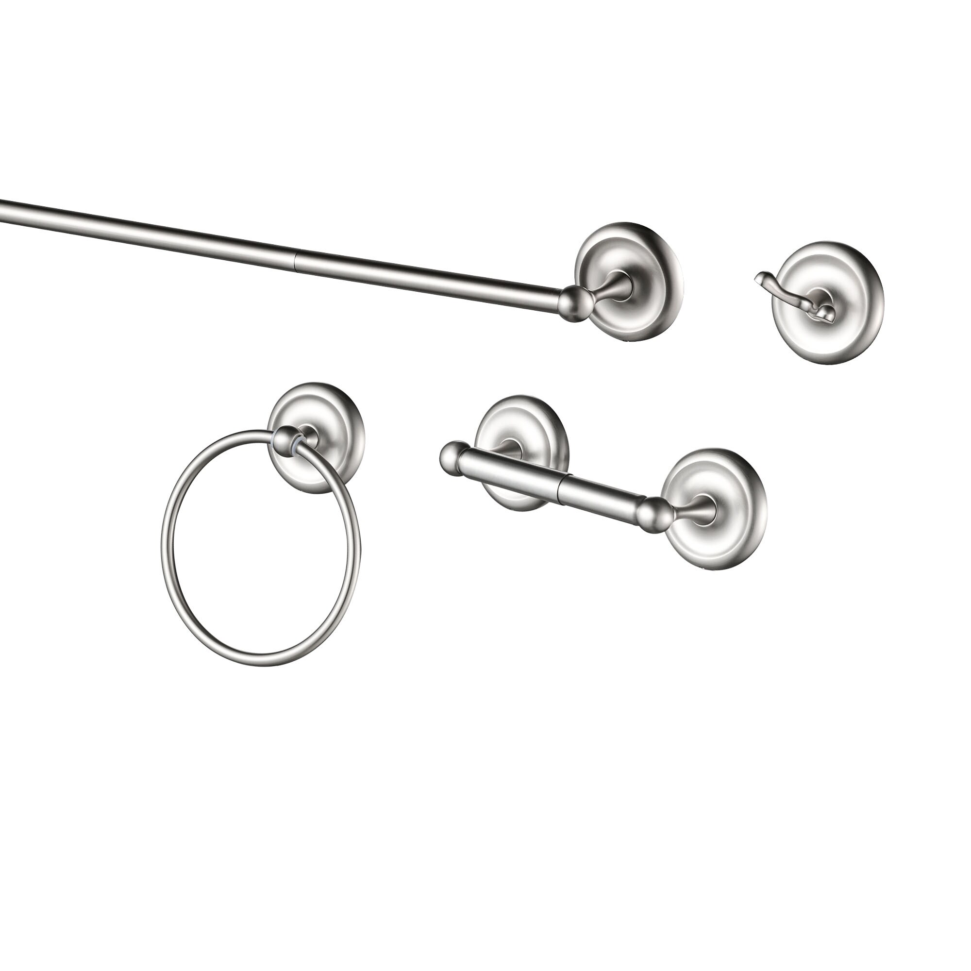 FORIOUS LL19101BN4A 4 -Piece Brushed Nickel Decorative Bathroom Hardware Set Towel Bar, Toilet Paper Holder, Towel Ring ,Robe Hook Included