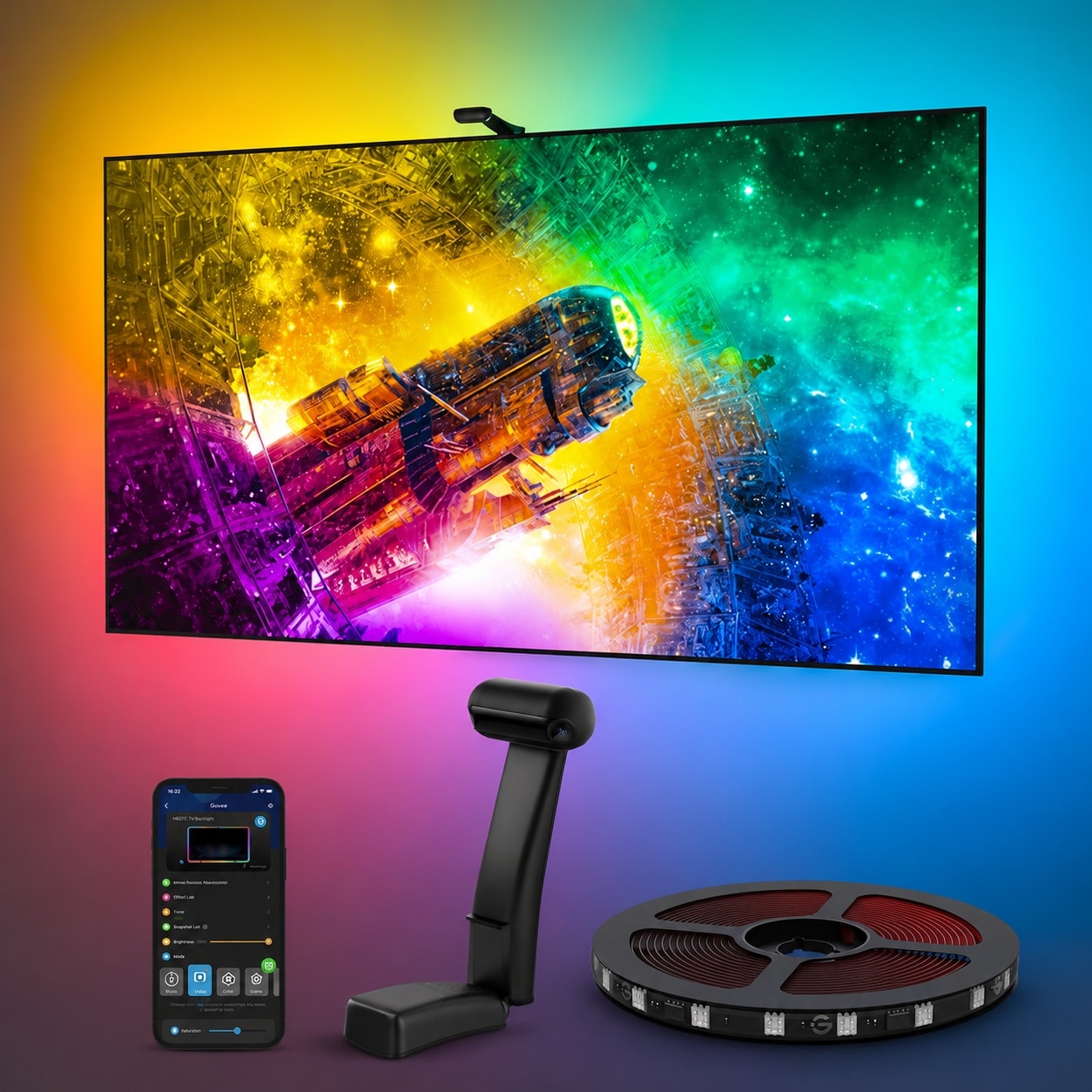 Justincity  TV LED Backlight T2 Dual Camera 12 ft RGBIC WiFi LED Strip Lights for 55 to 65 Inch TVs Double Light Beads App Control Music Sync