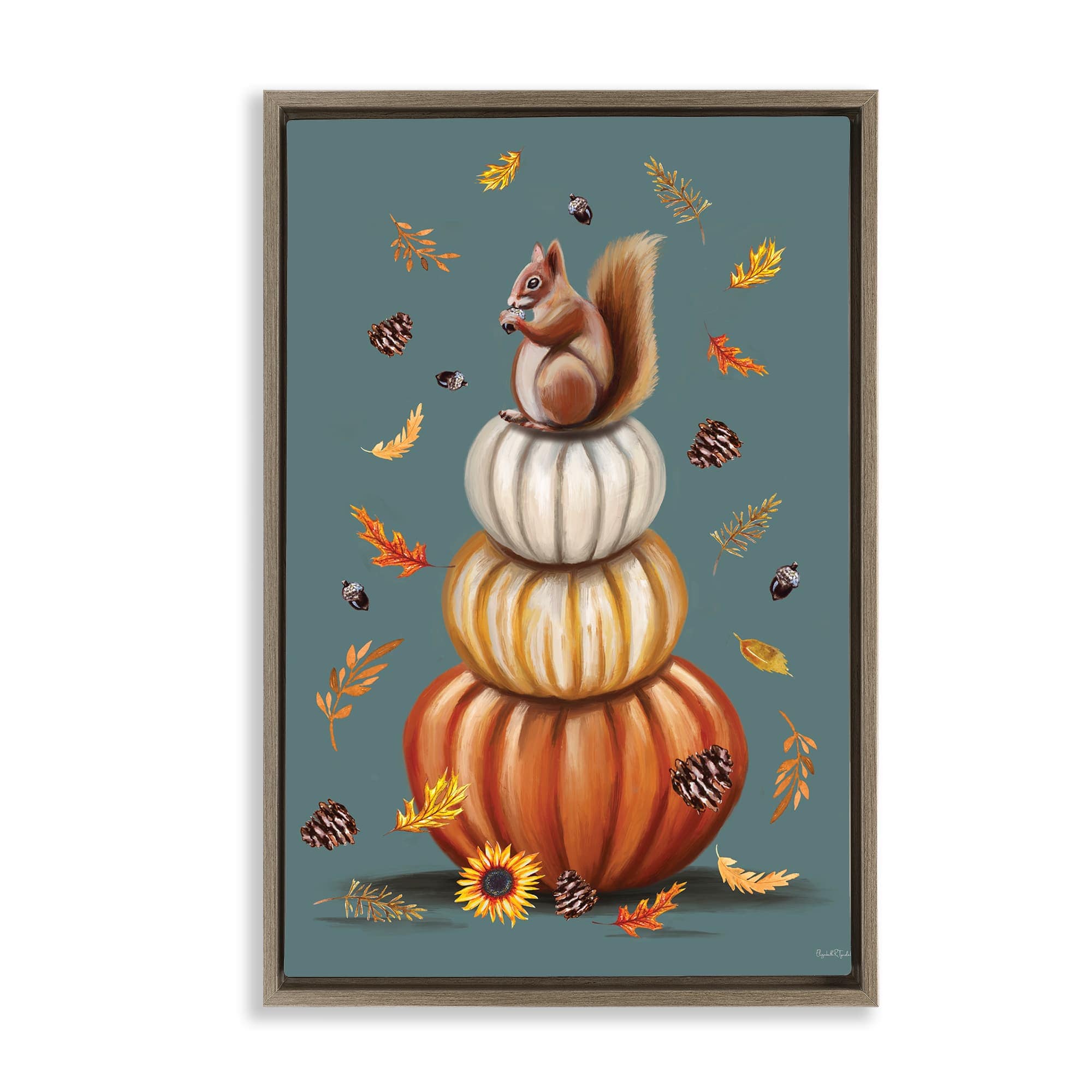 Stupell Industries BS-666-FFE-20X30 Squirrel Atop Pumpkin Stack Brown Framed Floater Canvas Wall Art By Elizabeth Tyndall 21 x 31