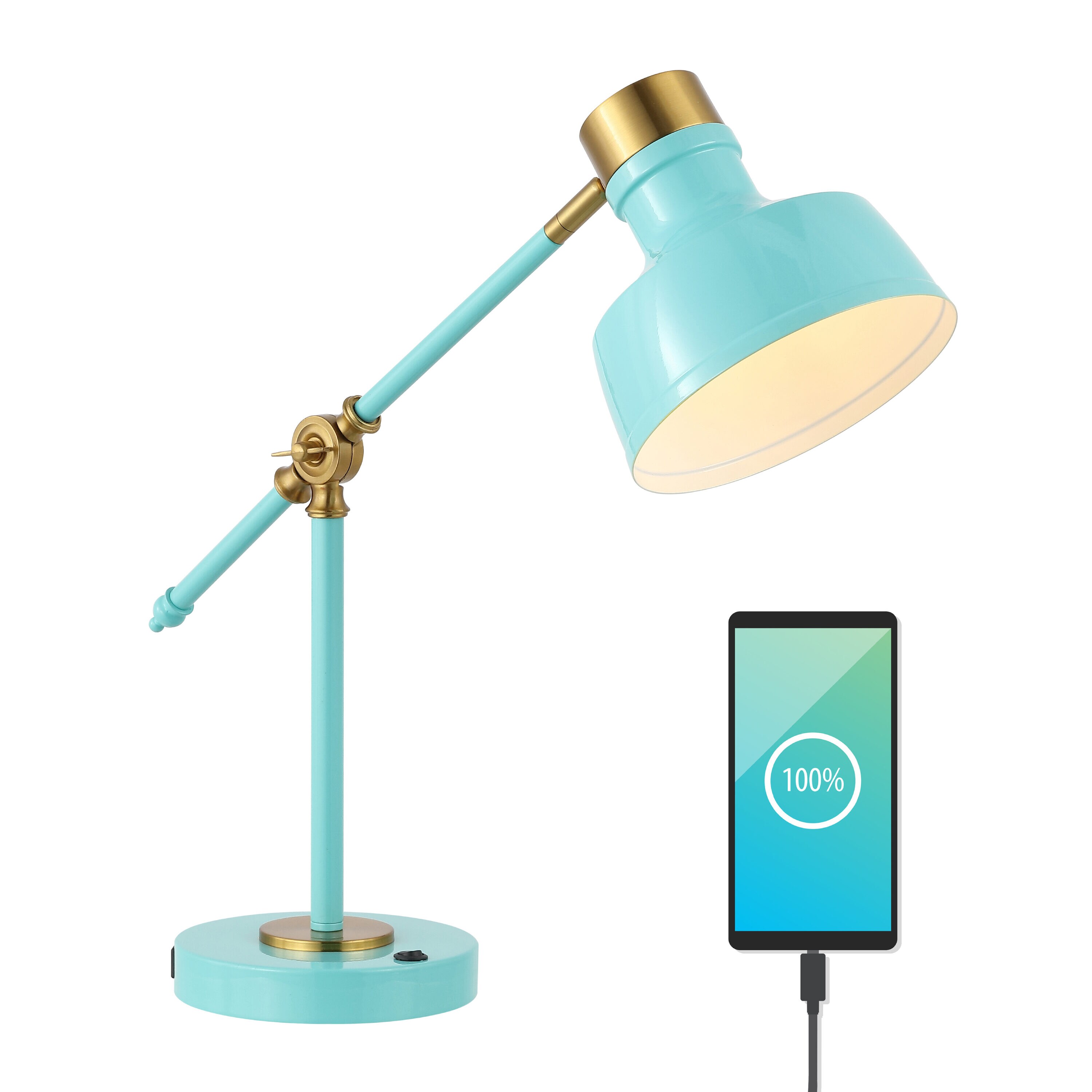 Cyan and Brass Adjustable Edison LED Task Lamp with USB