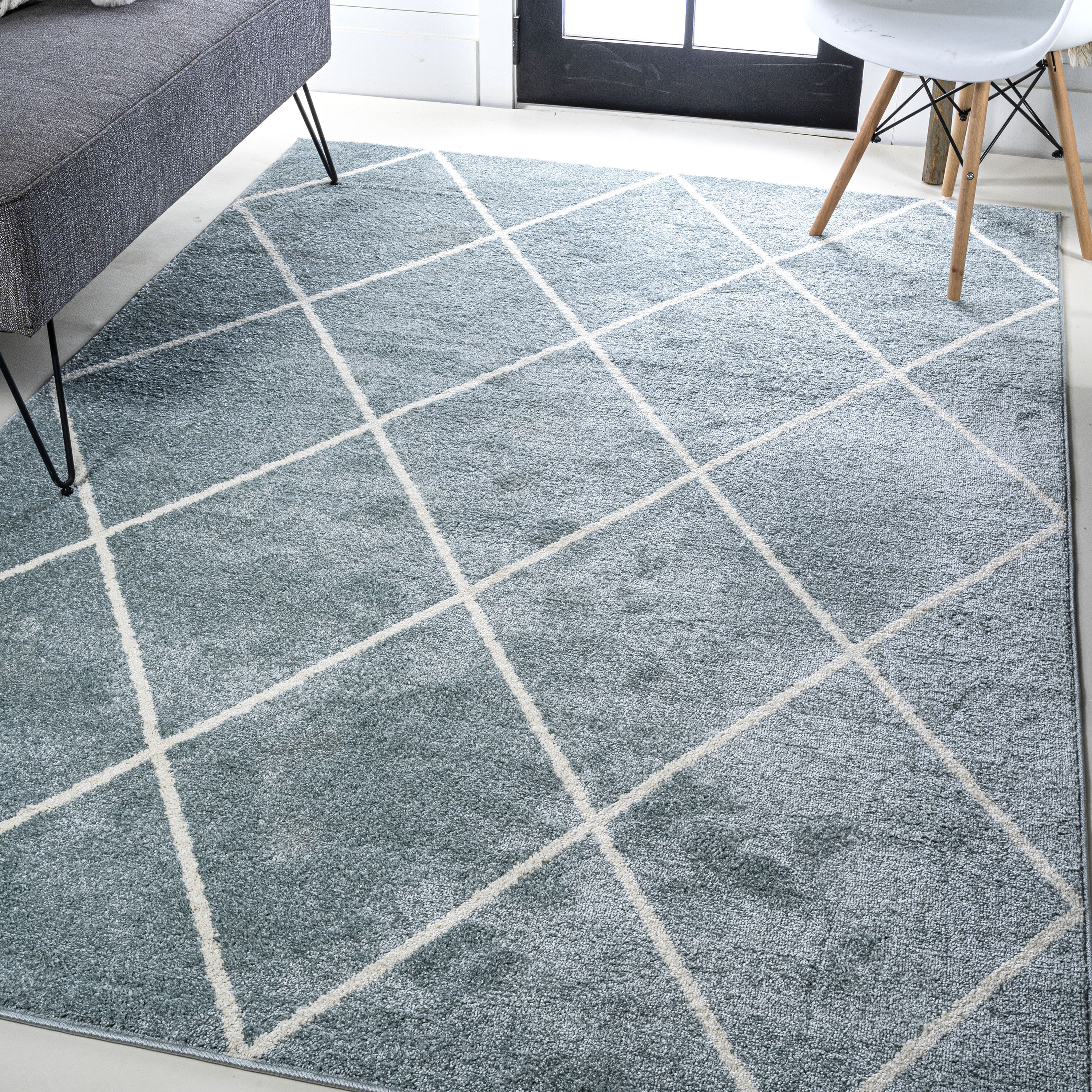 JONATHAN  Y SEU102C-5 SUPERSOFT Cole Minimalist Diamond 5 x 8 (ft) Loomed Polypropylene Light Blue/White Rectangular Indoor Geometric Mid-Century Modern Area rug