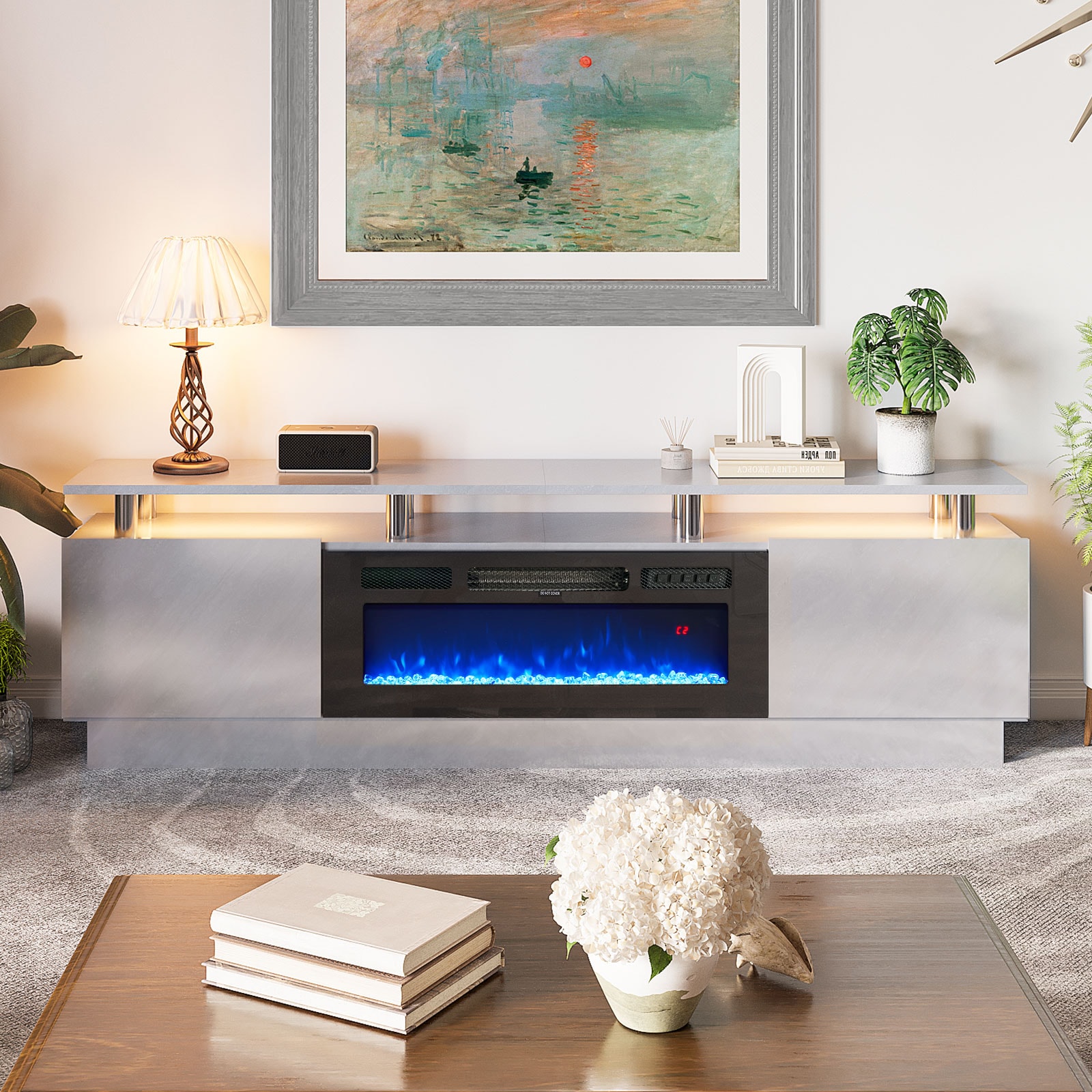 AOXUN 80-in W Gray TV Stand with LED Electric Fireplace H21014GR-80+H20023 Sansujyuku sansujyuku.com