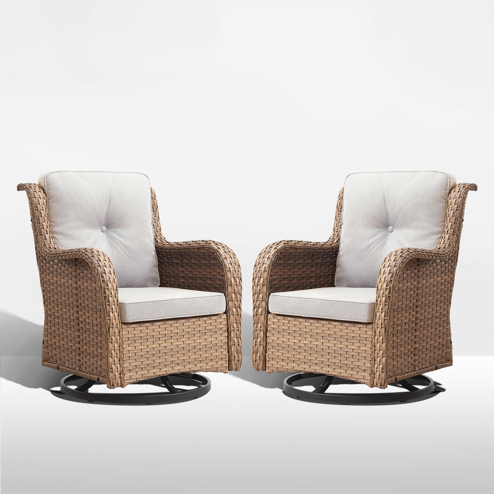 Rilyson FS110-2 Curved handrail Set of 2 Wicker Yellow Wicker Frame Swivel glider Conversation Chair with Off-white Cushioned Seat