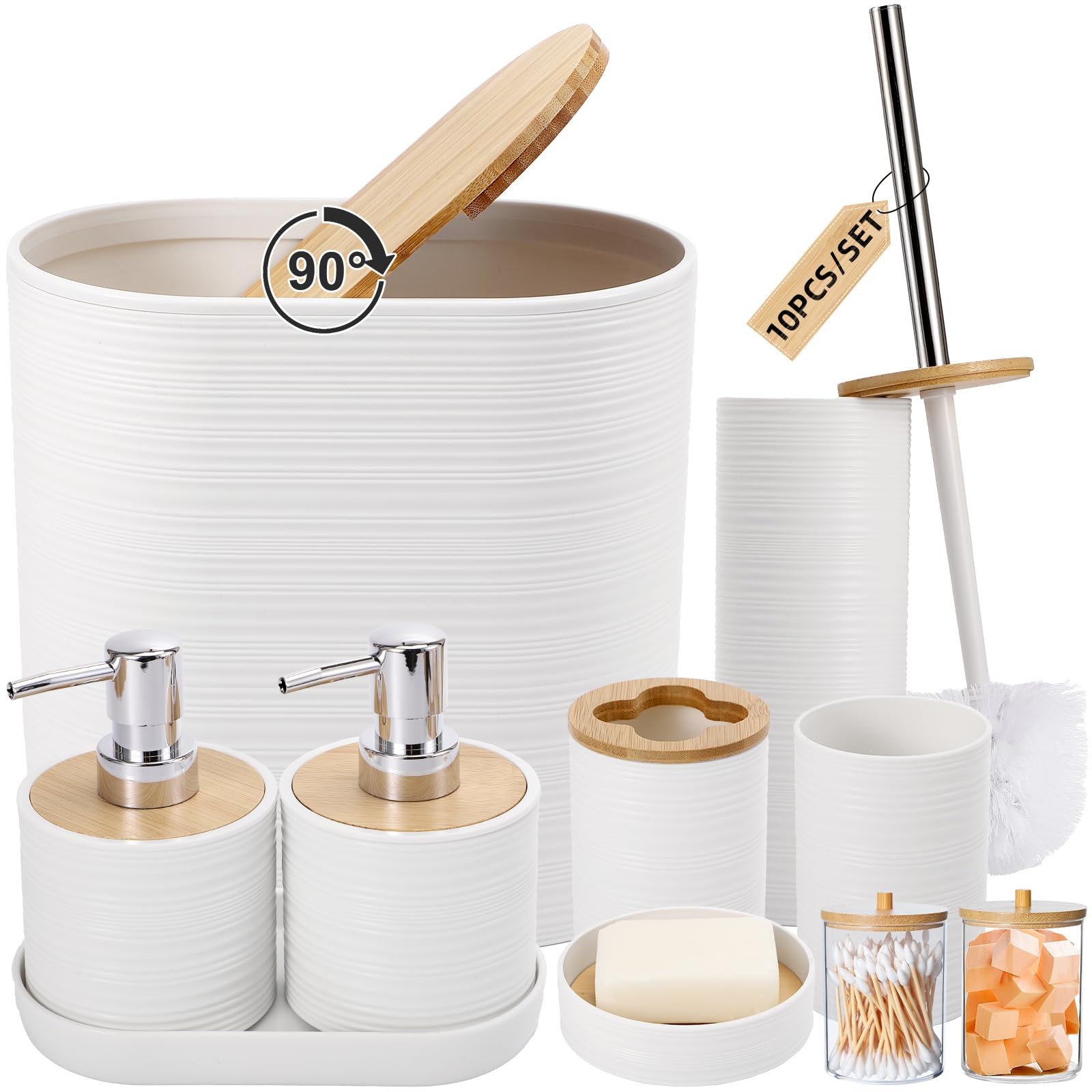 AKSCYZM  White Bathroom Accessories Set with Trash Can Two Soap Dispensers Soap Dish Toothbrush Holder Cup Toilet Brush Tray and Qtip Holders for
