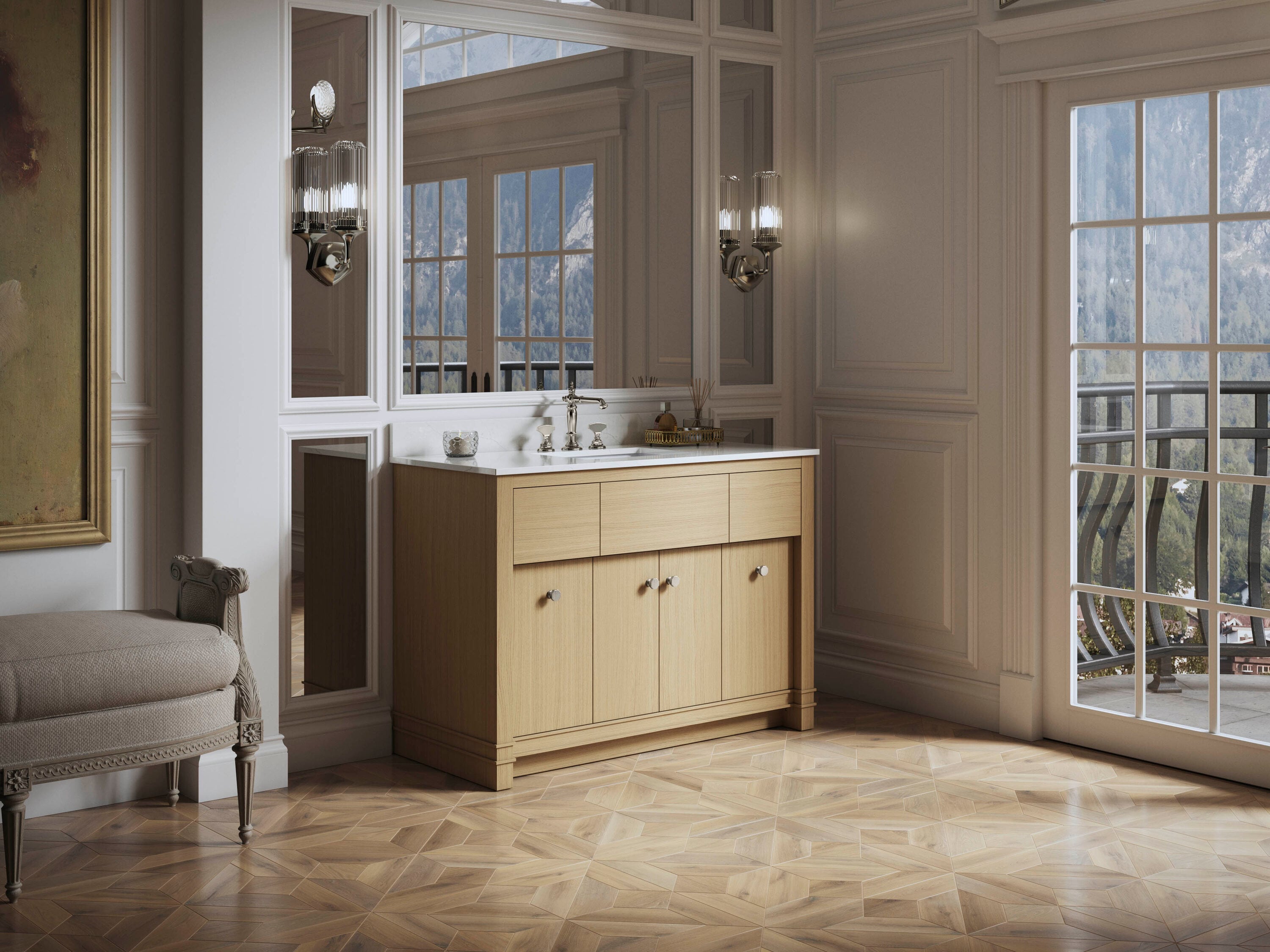 KOHLER 33268-WEK Alouette 48-in Light Oak Undermount Single Sink Bathroom Vanity with White Quartz Top