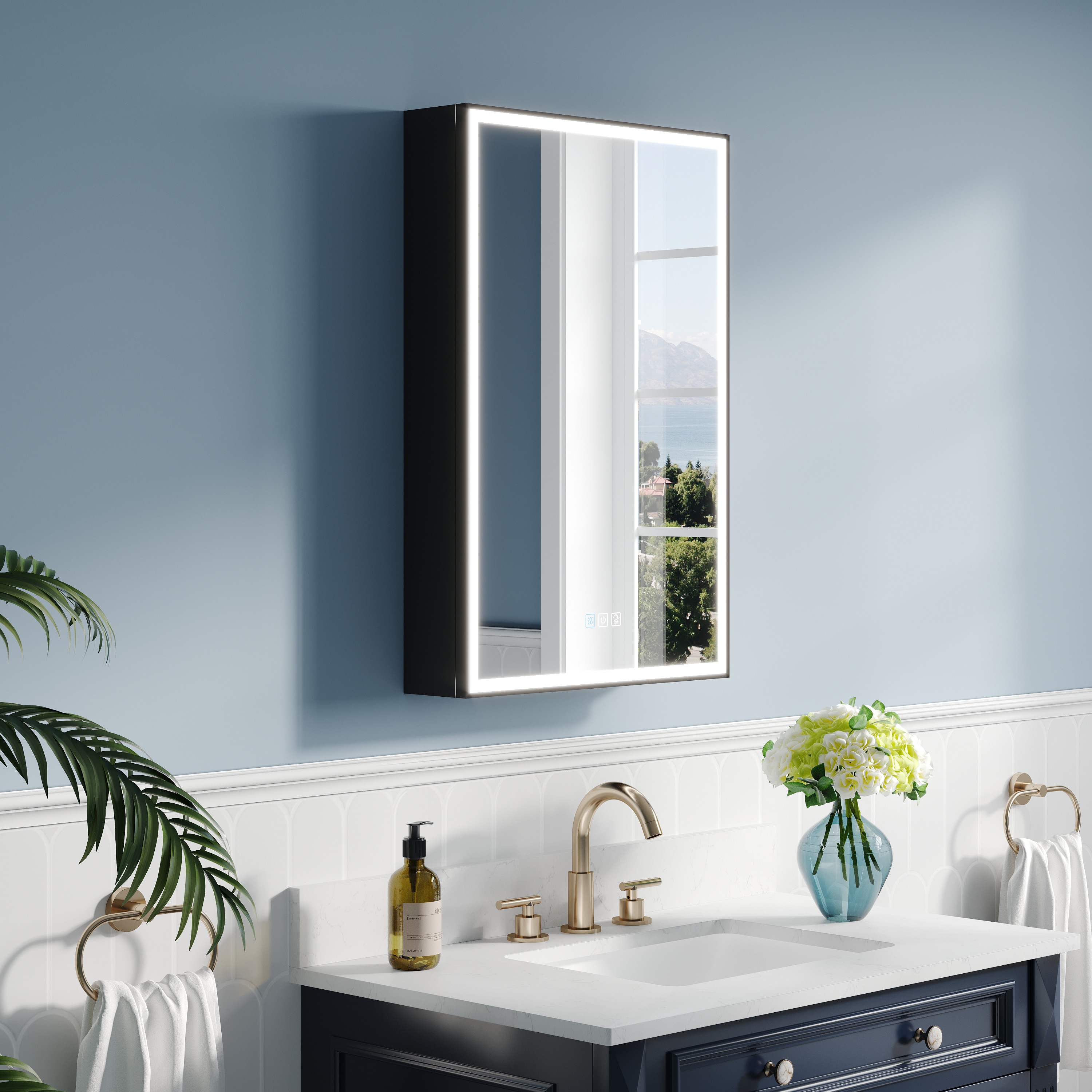 ANGELES HOME  20-in x 30-in Lighted LED Fog-Free Surface/Recessed Mount Black Frame Aluminum Rectangle Soft-Close Bathroom Medicine Cabinet with Outlet