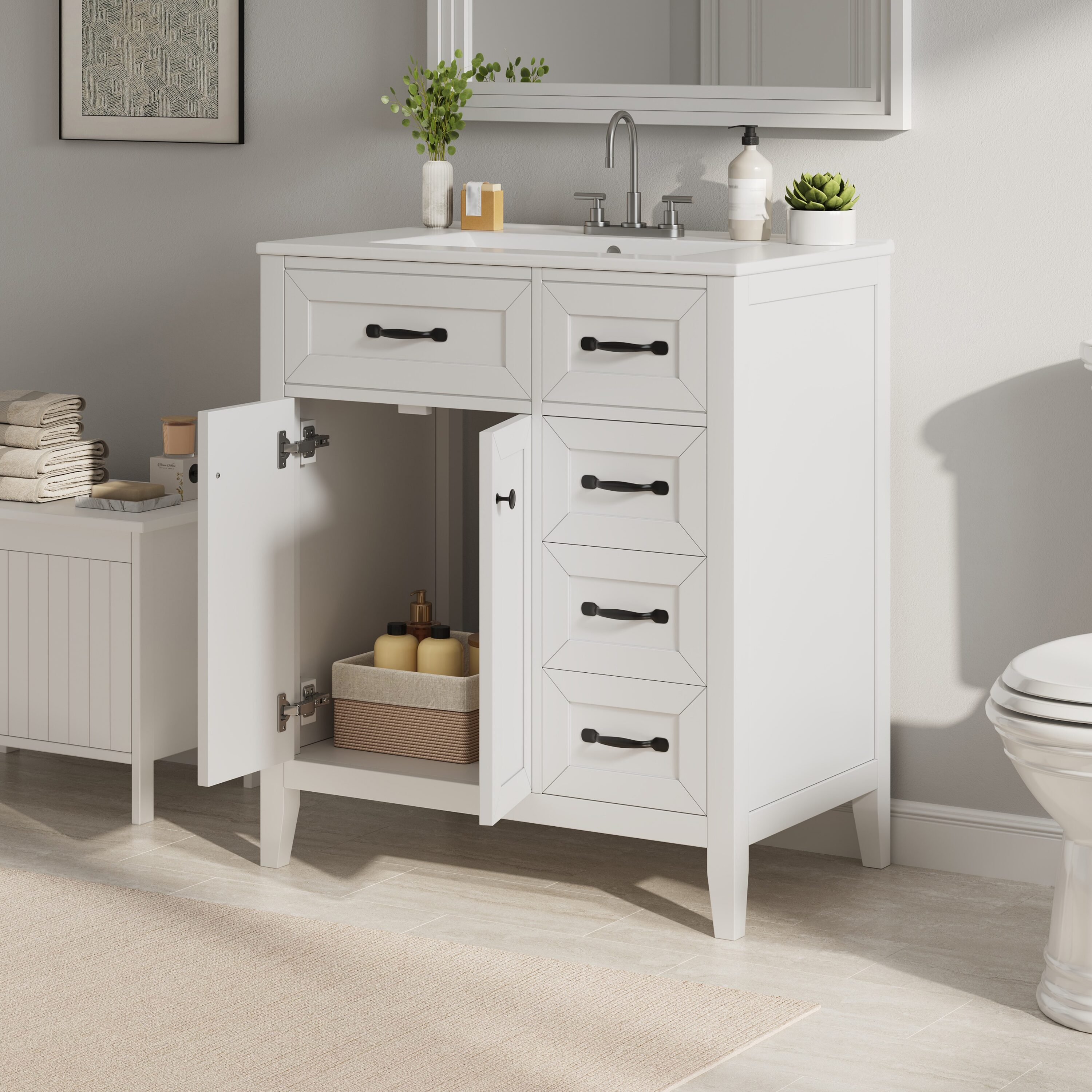 ModernLuxe Assembly Required 30inch White Bathroom Vanity with Ceramic Sink Freestanding Vanity with Black Metal Handles Solid Wood Legs SoftClose Doors  Drawers Ample Storage