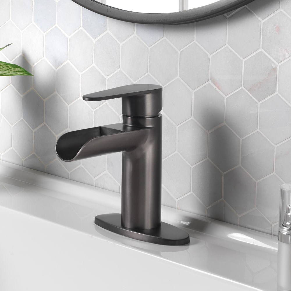 Project Source BPS-103-GM Haddington Gun Metal Single hole 1-handle WaterSense Waterfall Residential Handle Bathroom Sink Faucet with Drain with Deck Plate