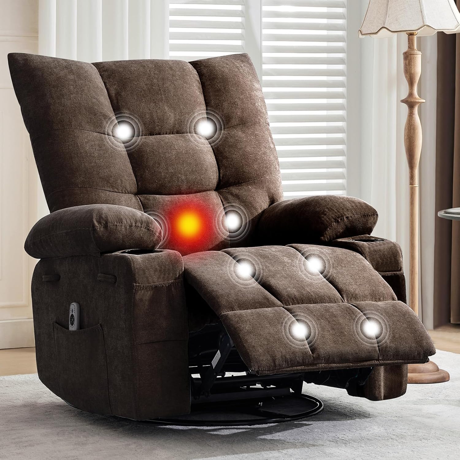 Qeetex SUN-PHK-333KF3L4 Swivel Rocker Recliner Chair with Heat and Massage 360° Rocking Recliner with Cup Holders Oversized Sofa Seat
