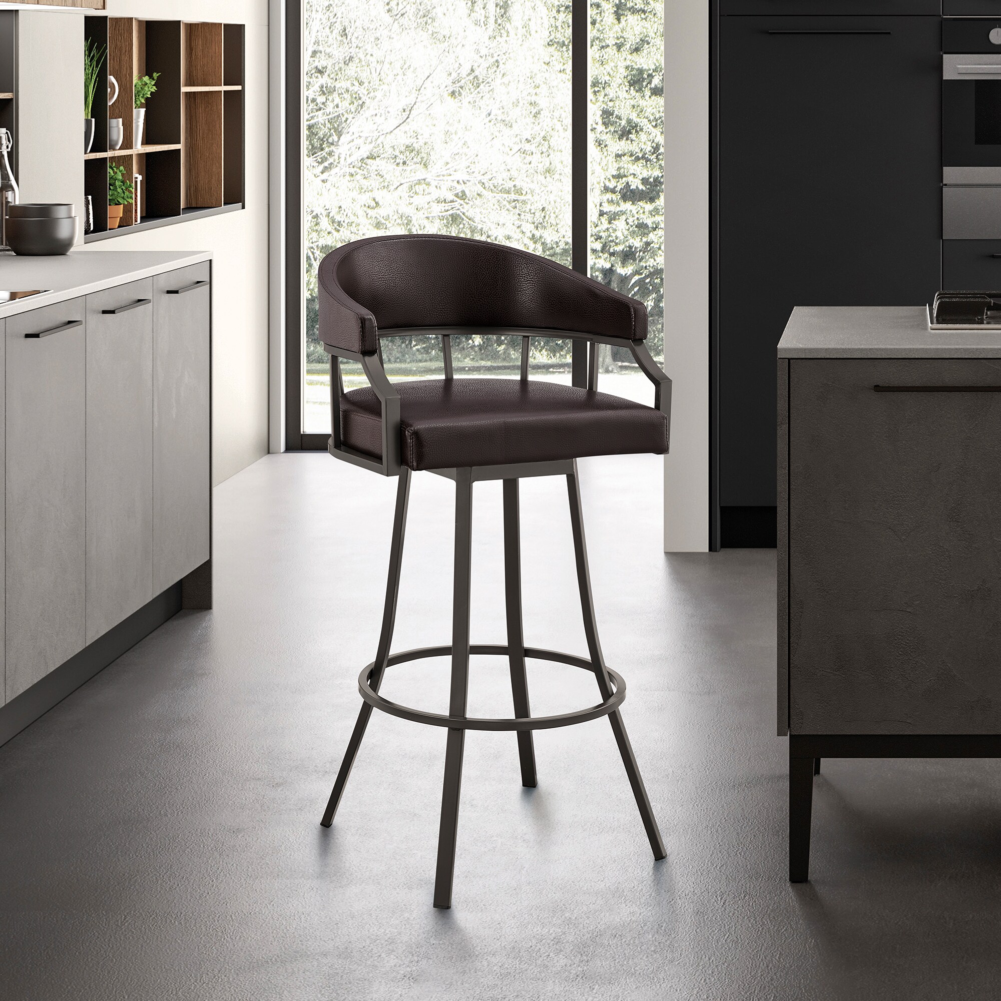 Armen Living LCLRBABSWH30 Brushed Stainless Steel 30.0-in H Bar height Bucket seat Upholstered Swivel Metal Bar Stool with Arms
