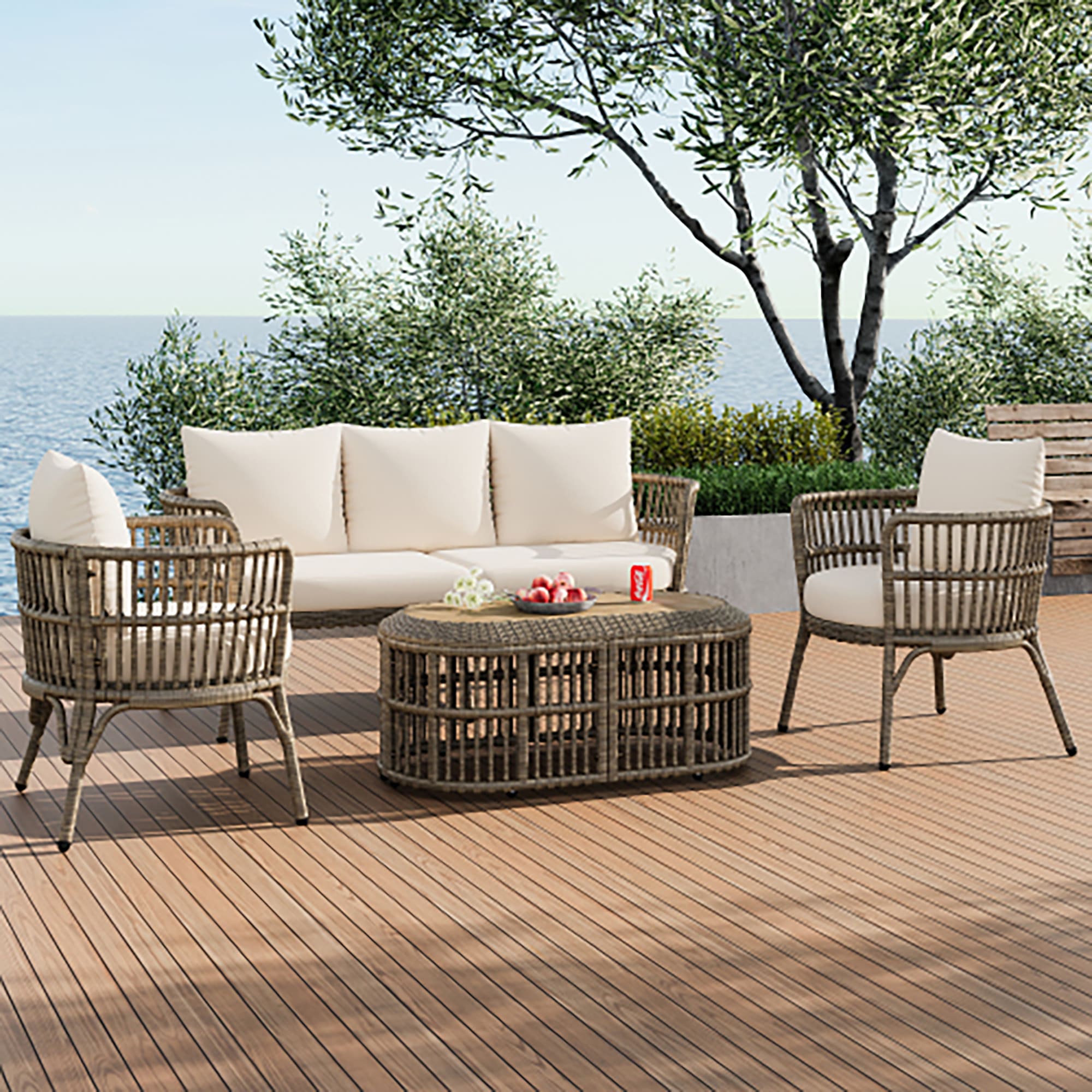 Forclover ALTR-08BE 4 -Piece Wicker Patio Sofa Conversation Set with Off-white Cushions