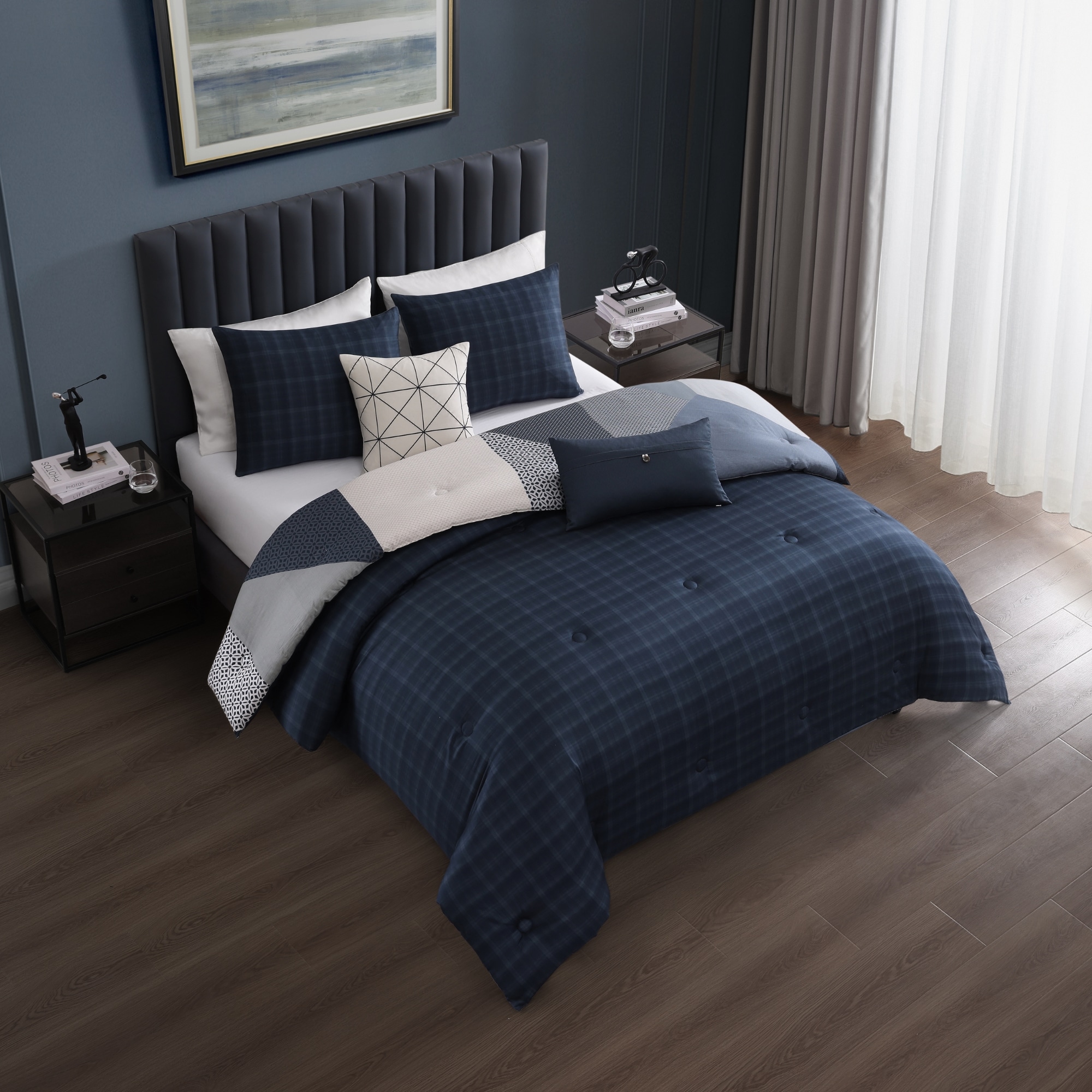 Geo Fusion Navy and Gray Cotton King Comforter Set