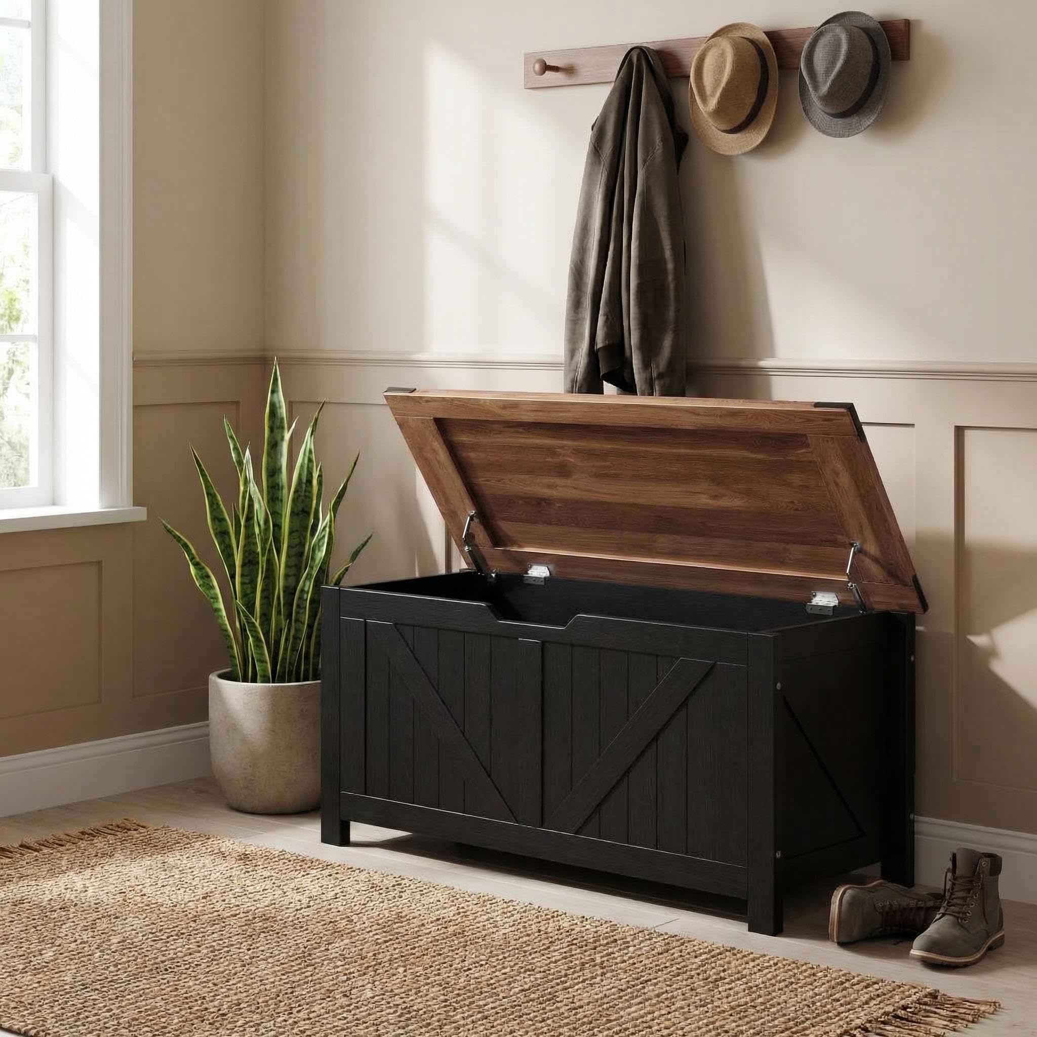 Aoile Farmhouse Style Entryway Storage Bench  Wooden Chest with 2 Safety Hinges Multipurpose Shoe Bench for Entryway Bedroom Living Room