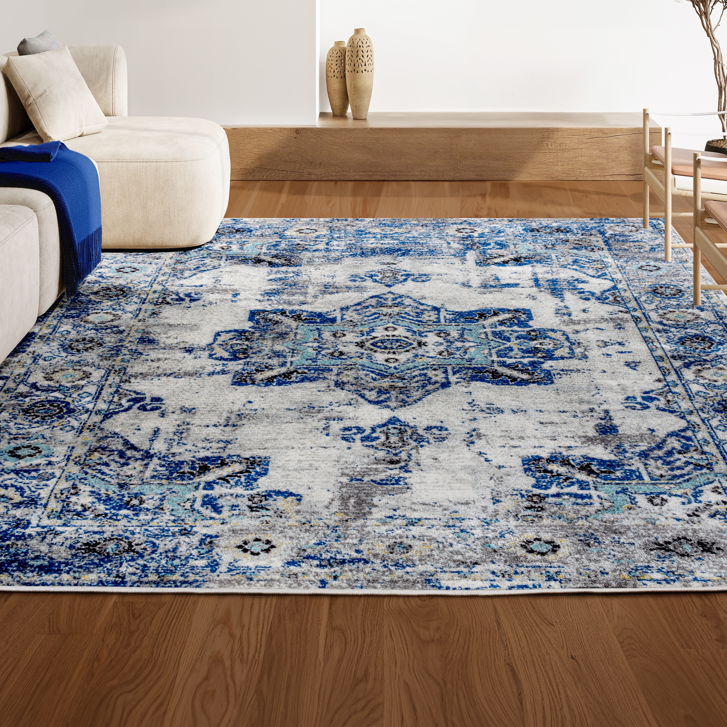 Ivory and Blue Persian Boho Vintage Medallion Area Rug